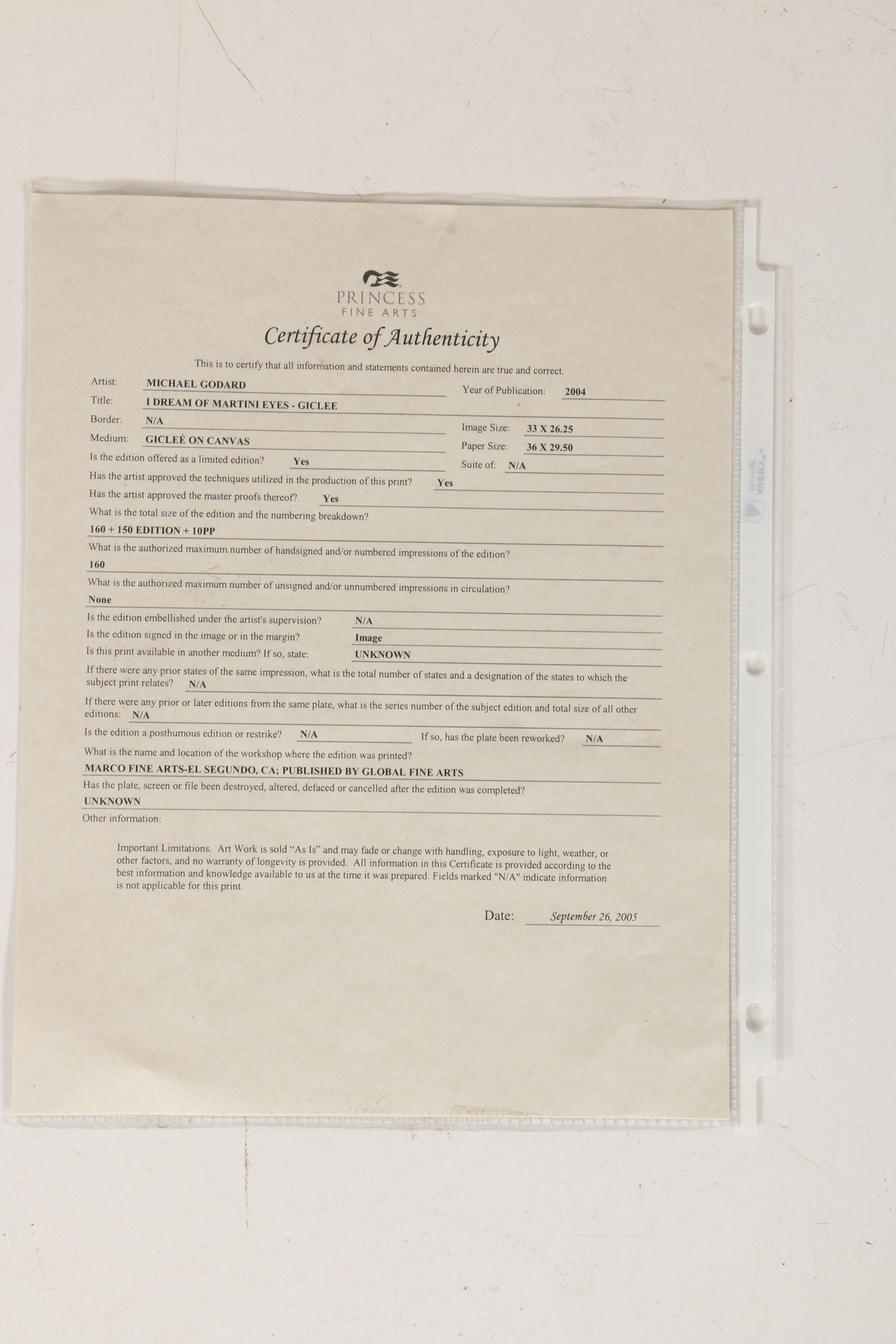 Michael Godard Limited Edition Giclee "I Dream of Martini Eyes"