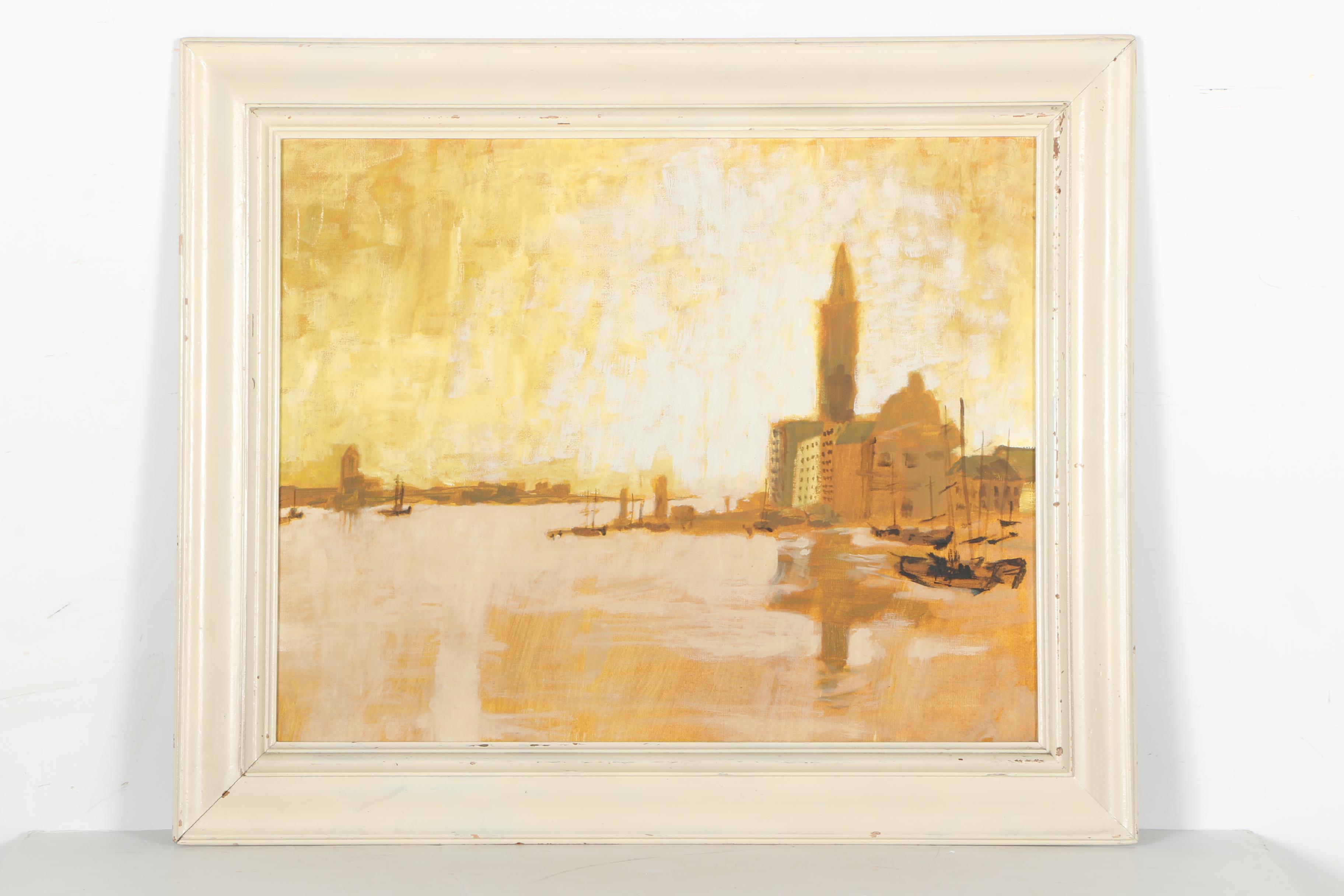 Framed Oil Painting of a Boat Filled Harbor