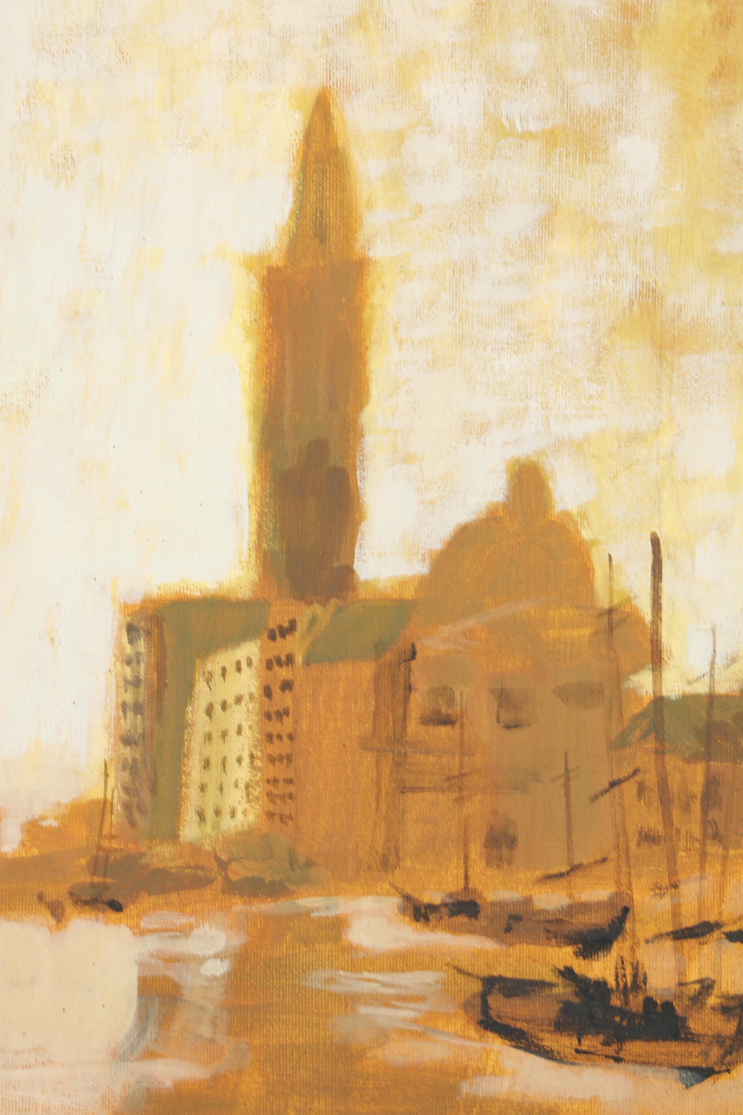 Framed Oil Painting of a Boat Filled Harbor