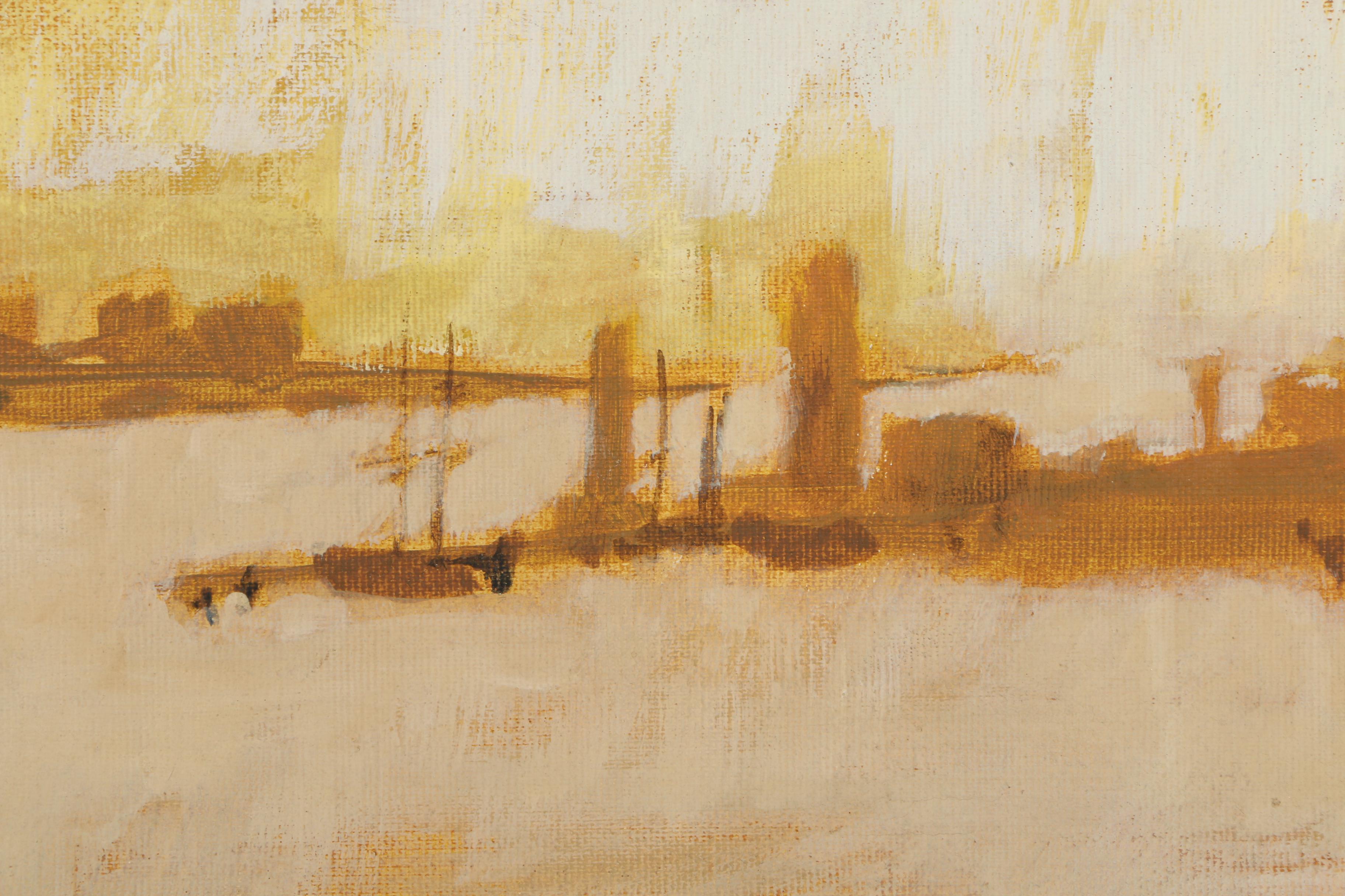 Framed Oil Painting of a Boat Filled Harbor