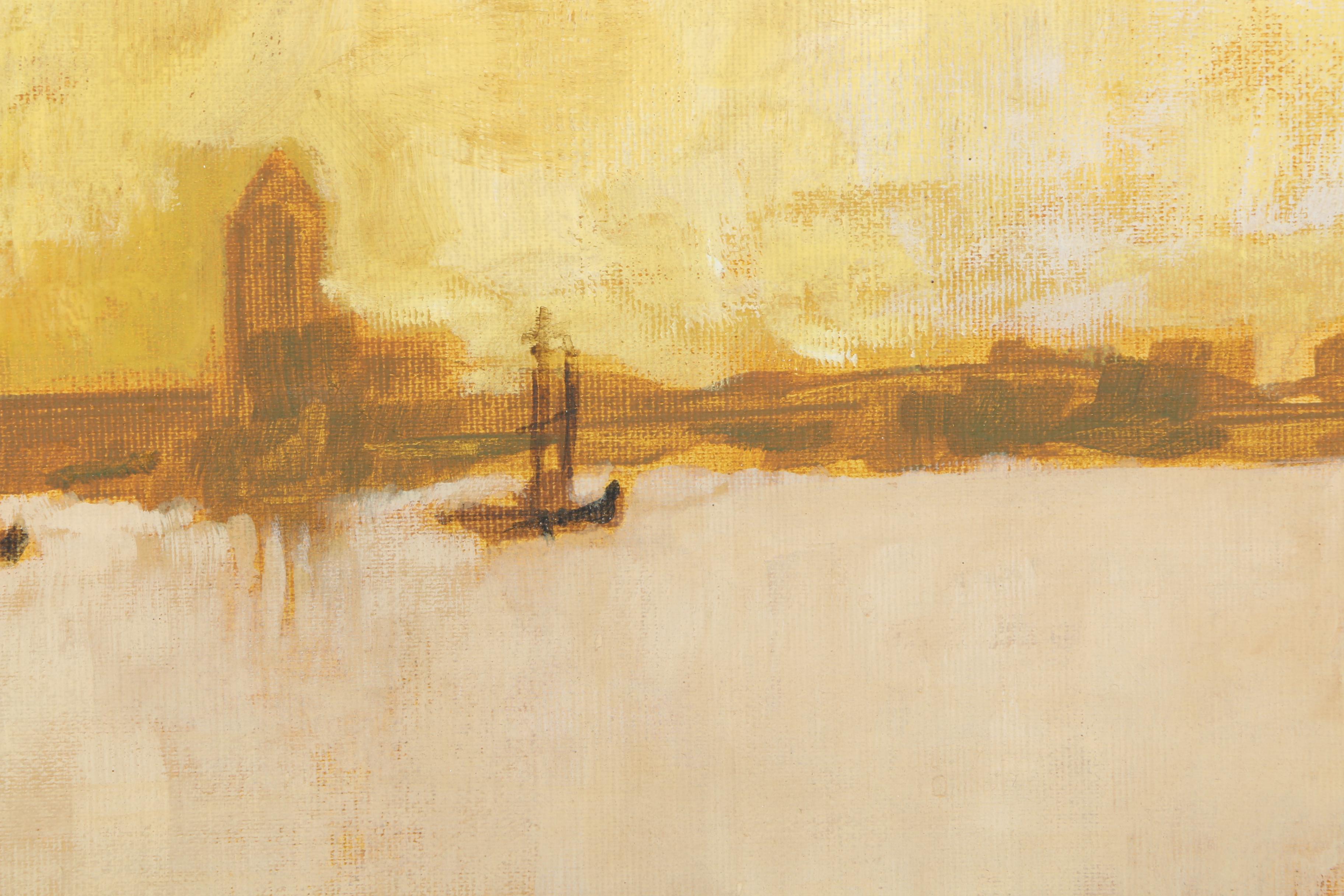 Framed Oil Painting of a Boat Filled Harbor