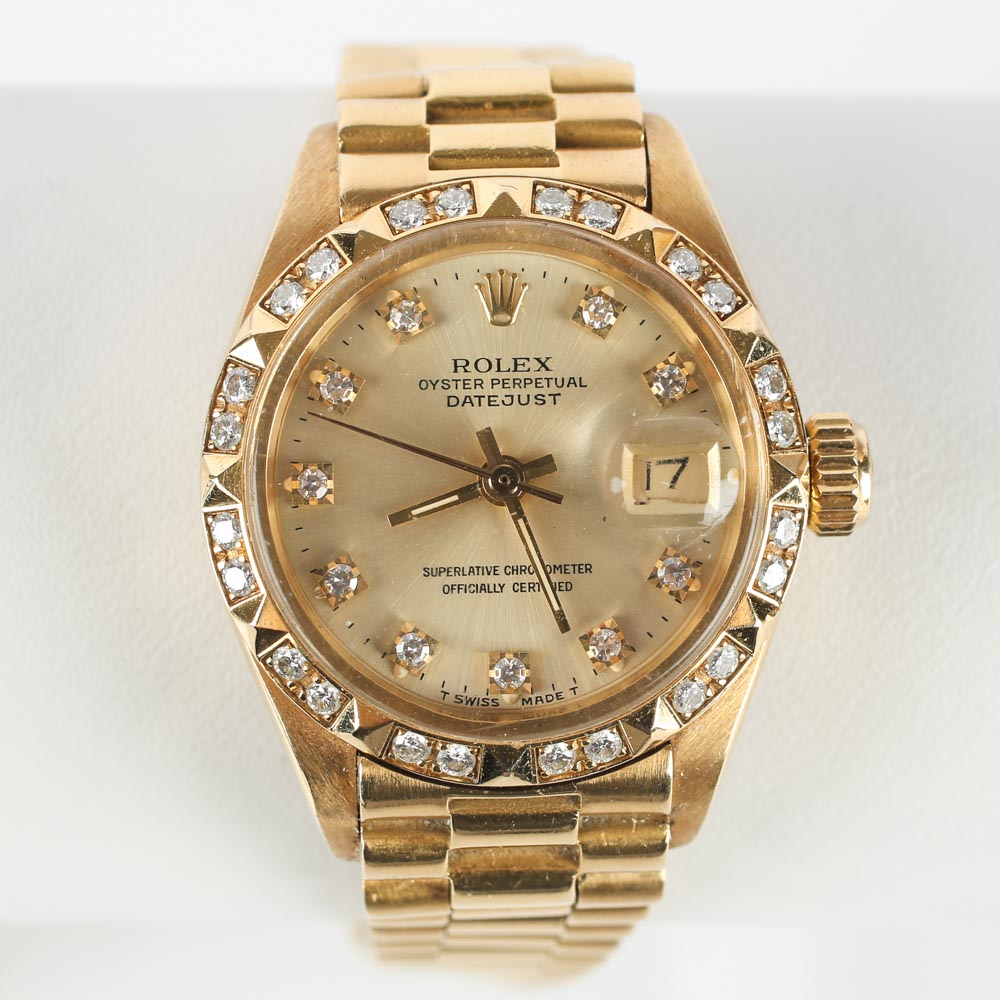 Women's 18K Yellow Gold and Diamond Vintage Rolex Oyster Watch