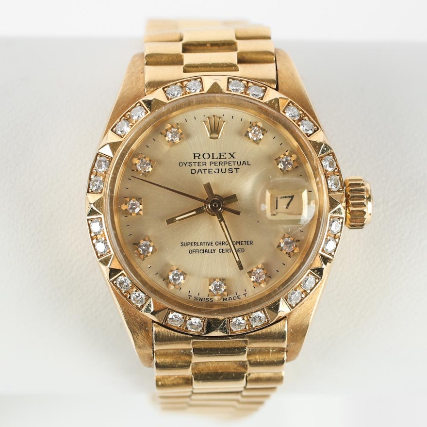 Women's 18K Yellow Gold and Diamond Vintage Rolex Oyster Wristwatch