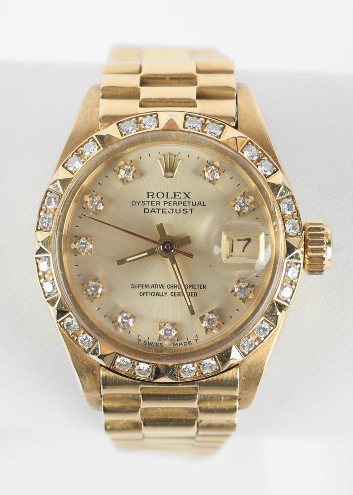 Women's 18K Yellow Gold and Diamond Vintage Rolex Oyster Watch