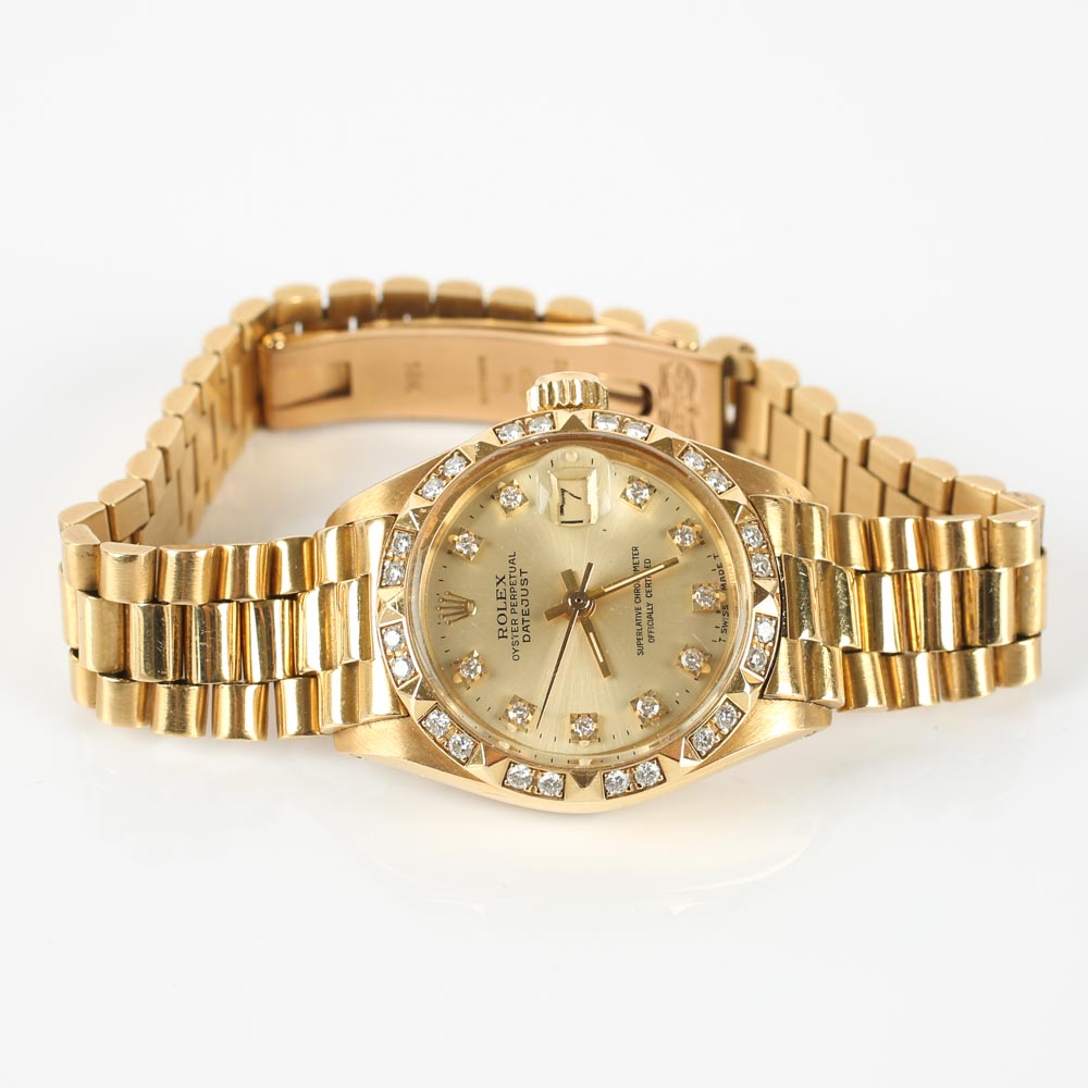 Women's 18K Yellow Gold and Diamond Vintage Rolex Oyster Watch