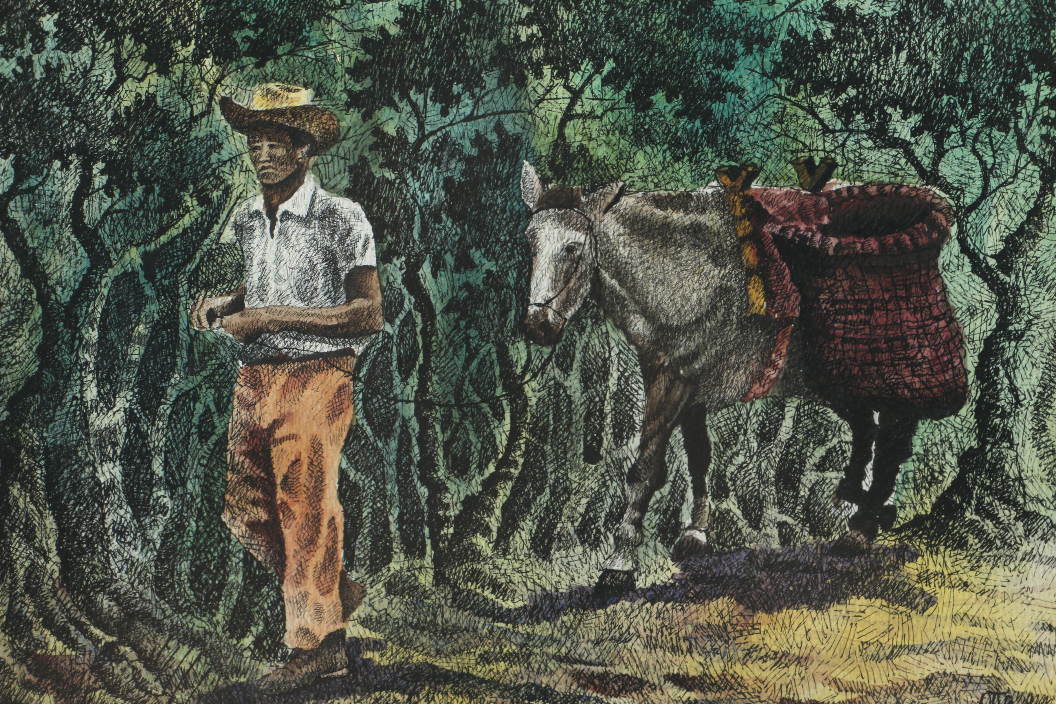1983 Pen and Watercolor "Costa Rican Coffee Picker" Signed "Otto"