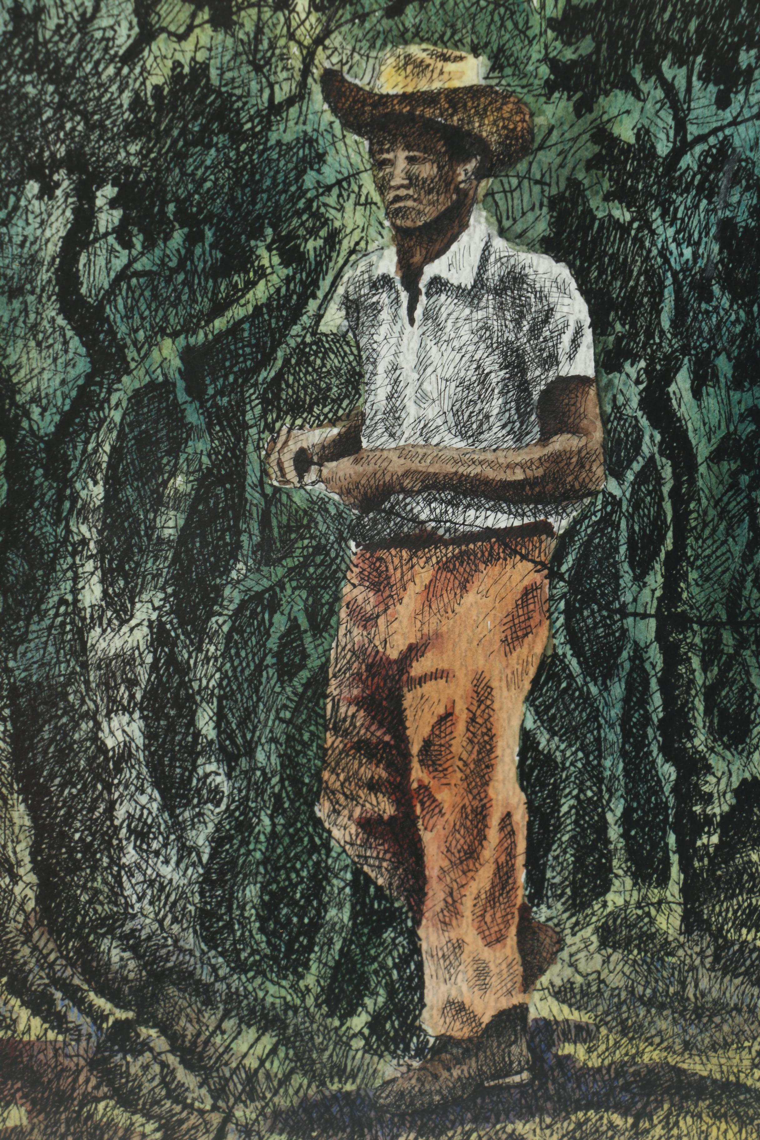 1983 Pen and Watercolor "Costa Rican Coffee Picker" Signed "Otto"