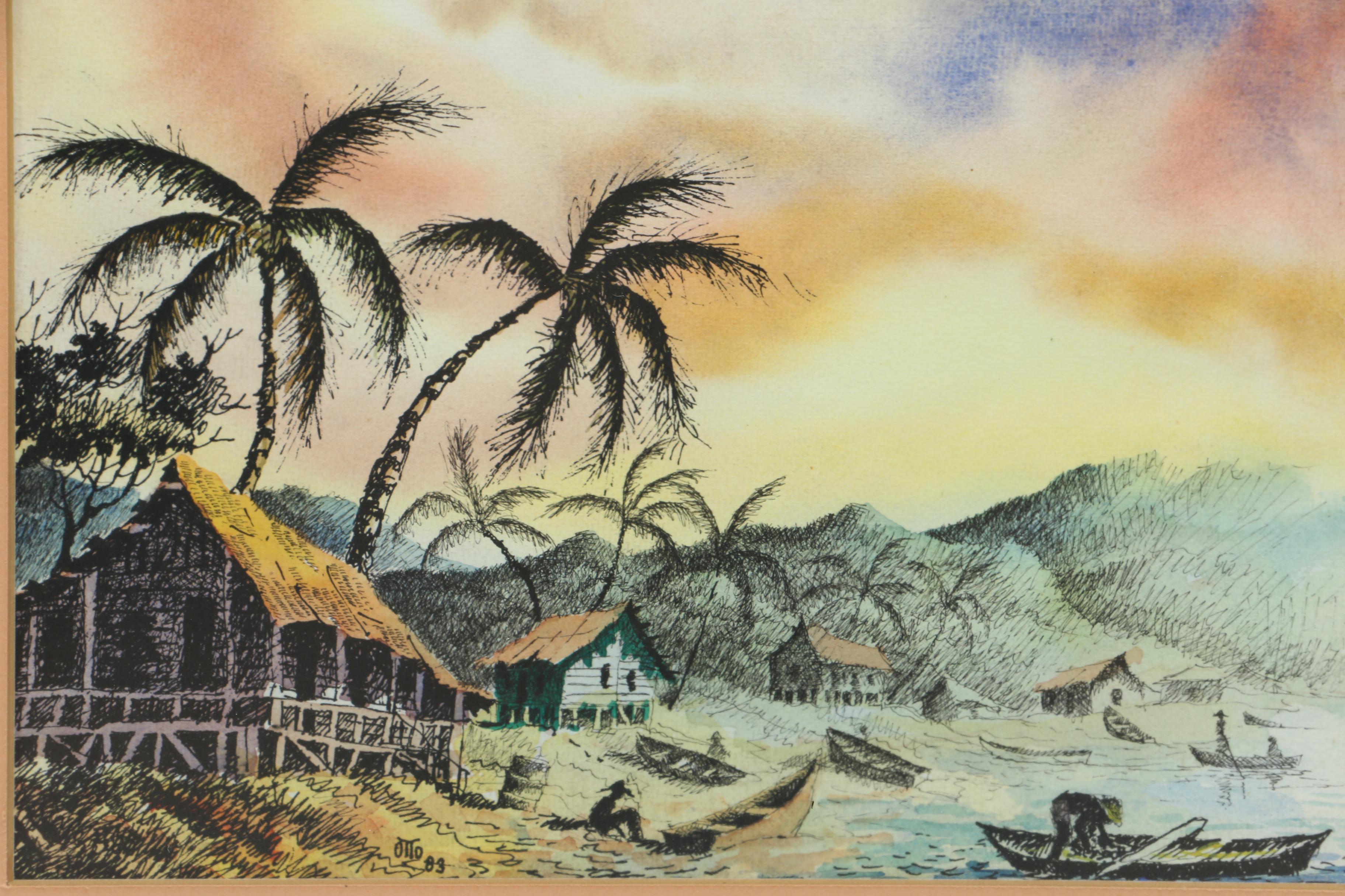 1983 Pen and Watercolor of a Costa Rican Shore Signed "Otto"