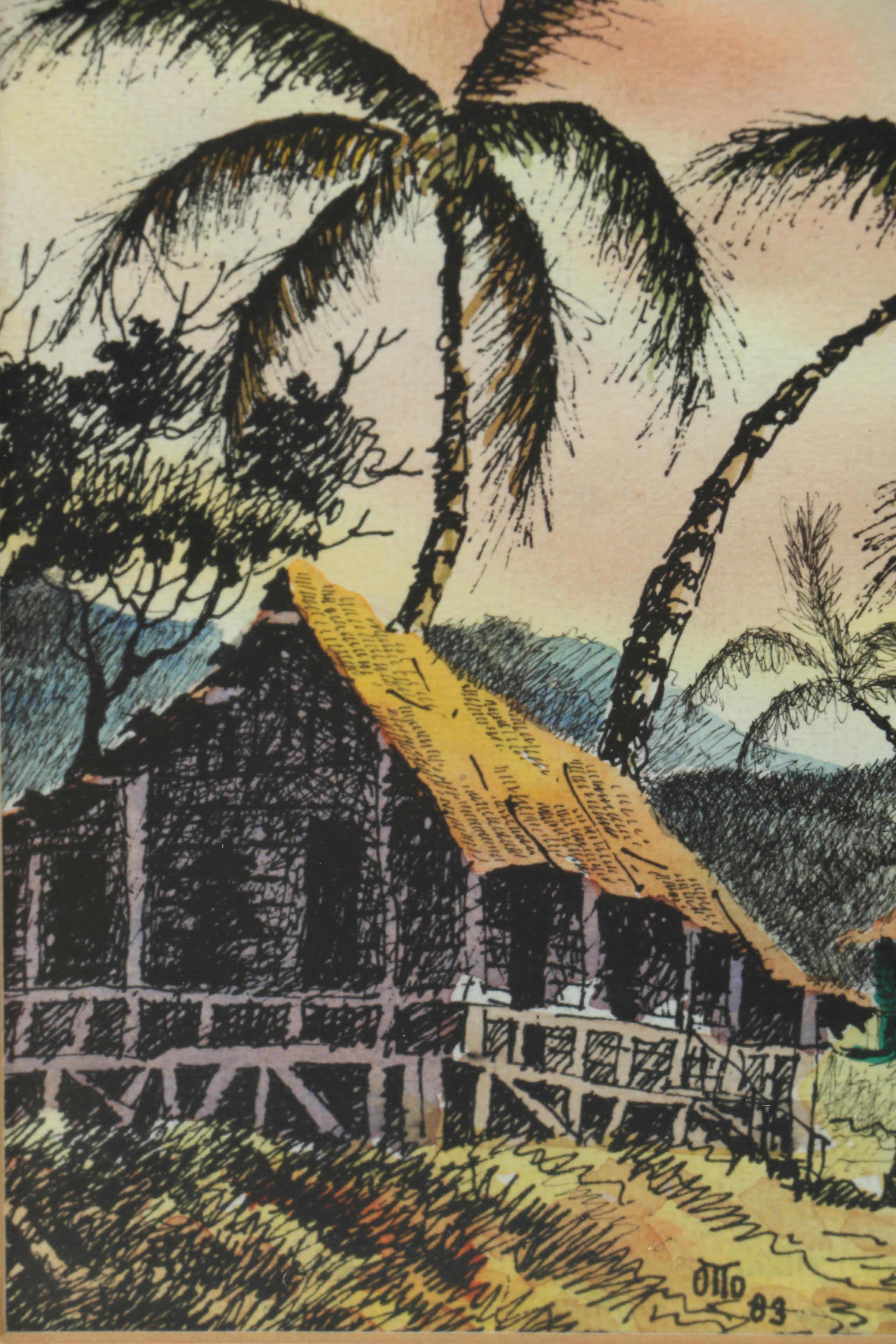 1983 Pen and Watercolor of a Costa Rican Shore Signed "Otto"