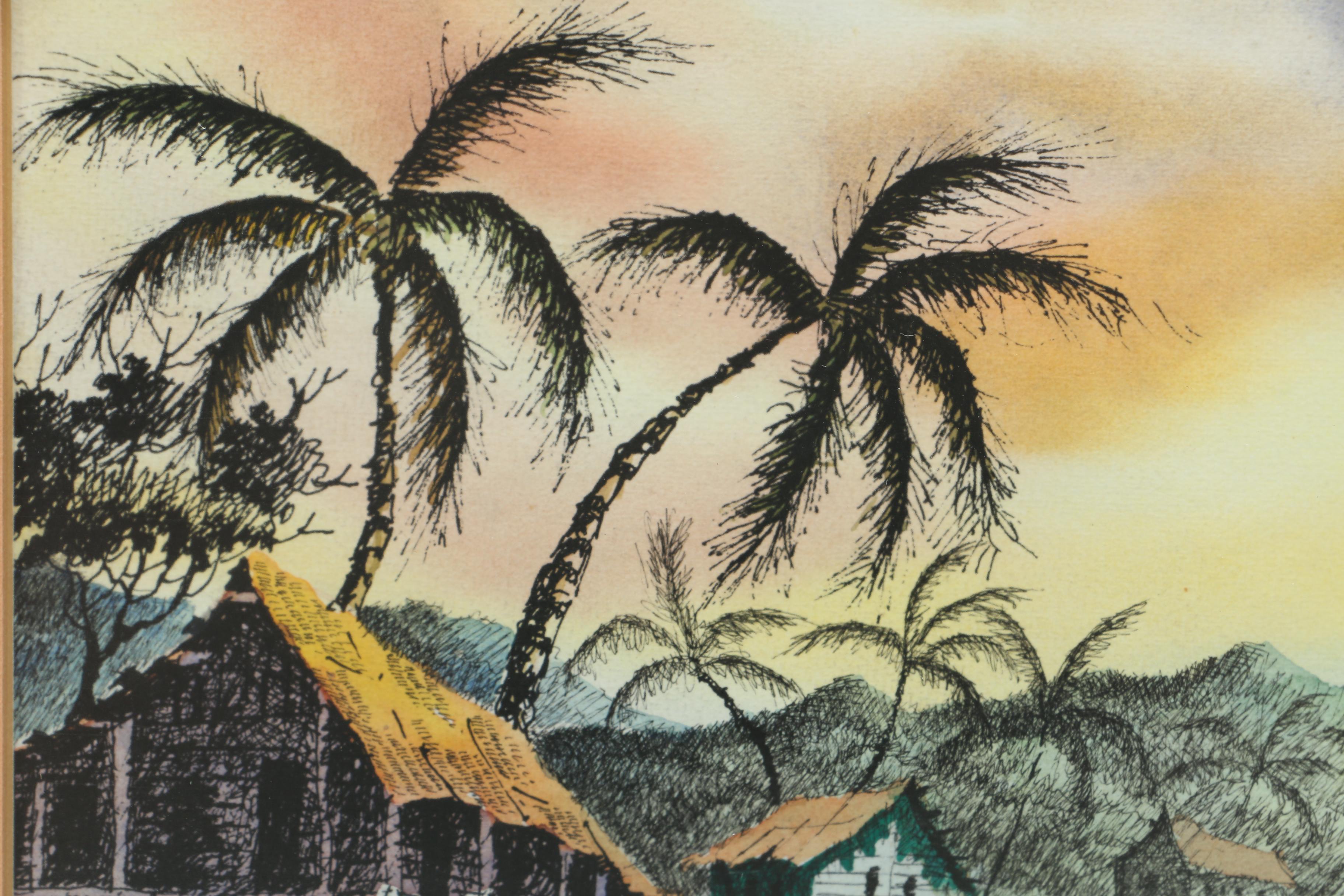 1983 Pen and Watercolor of a Costa Rican Shore Signed "Otto"