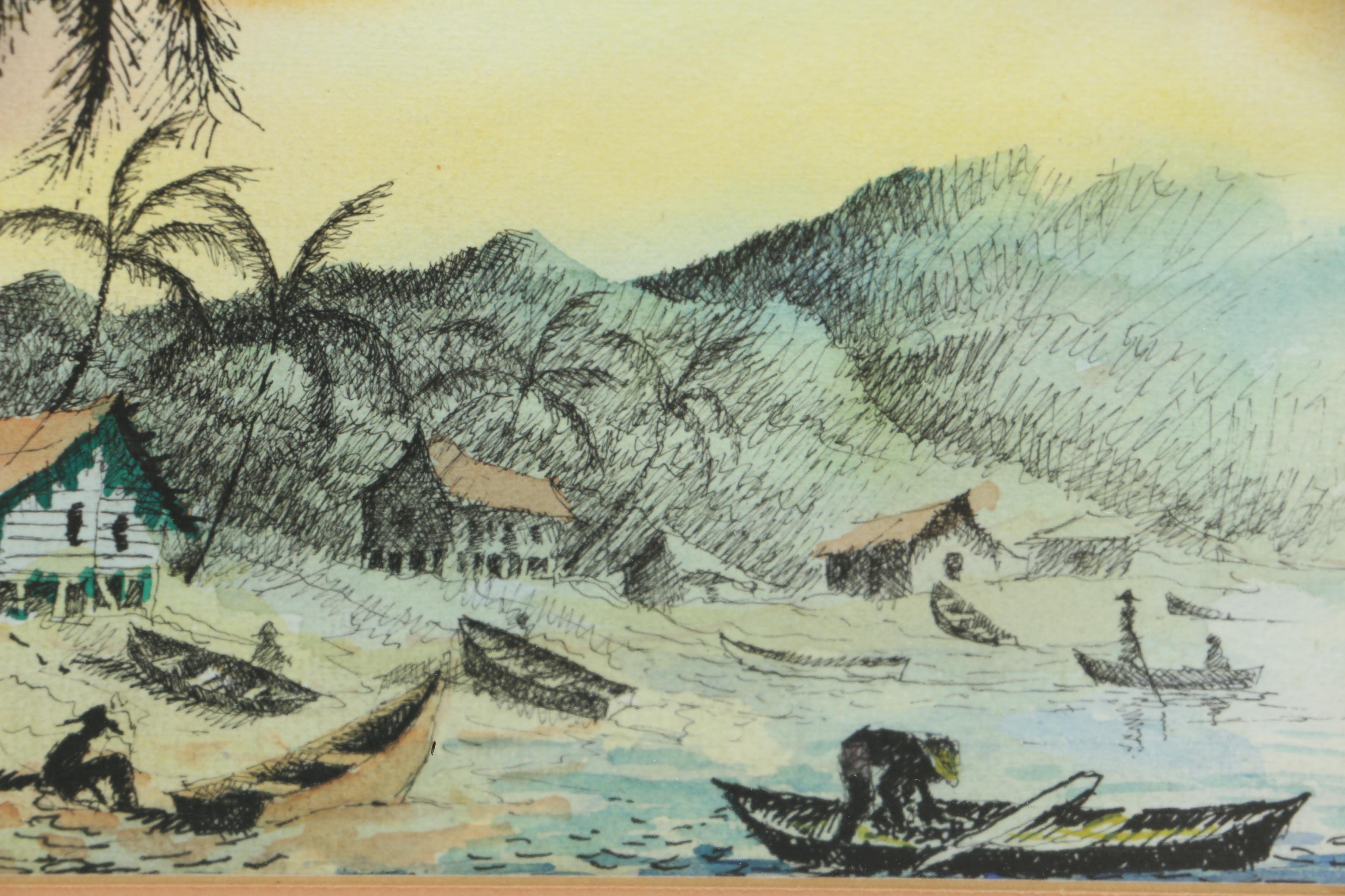 1983 Pen and Watercolor of a Costa Rican Shore Signed "Otto"