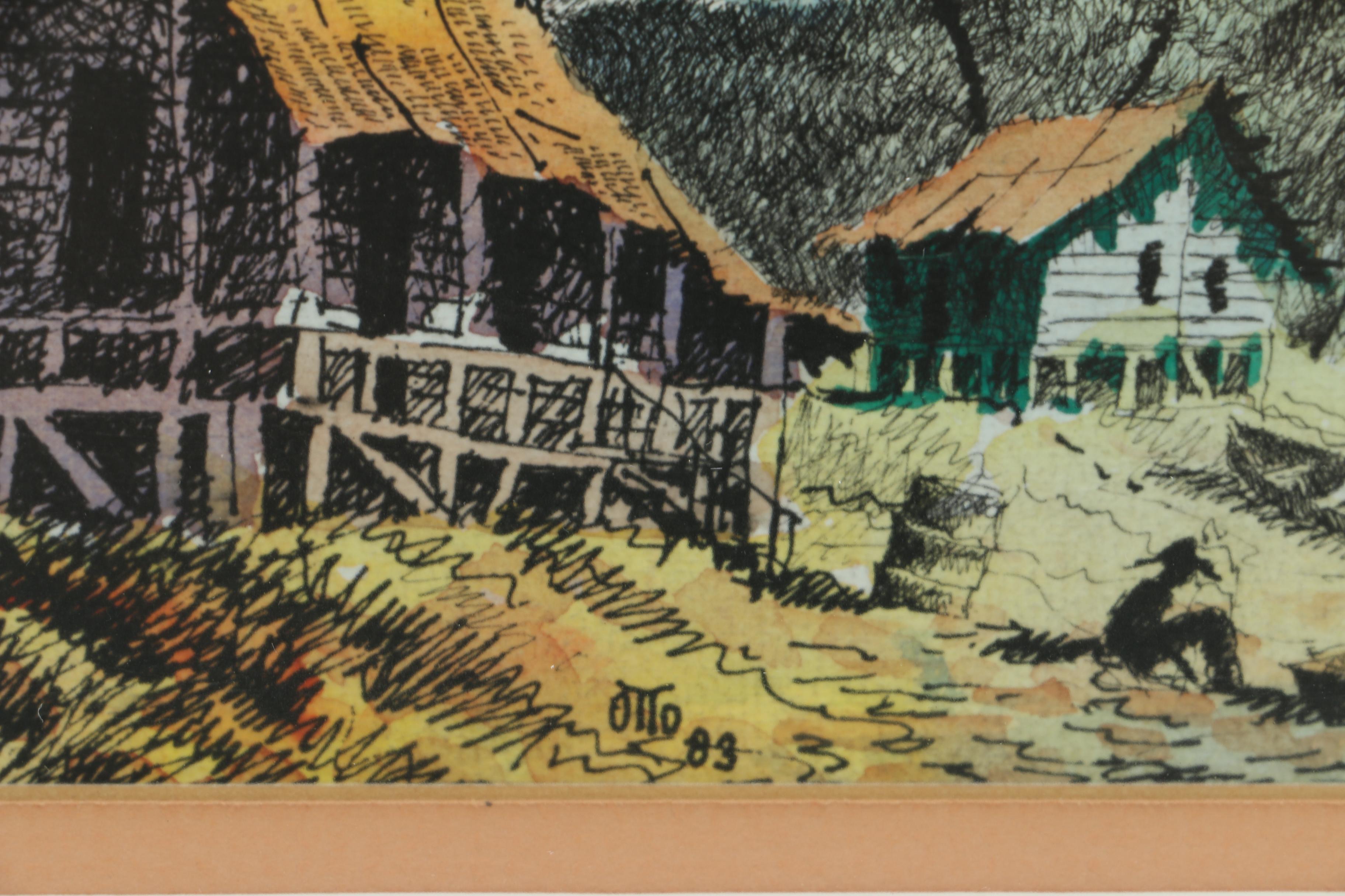 1983 Pen and Watercolor of a Costa Rican Shore Signed "Otto"