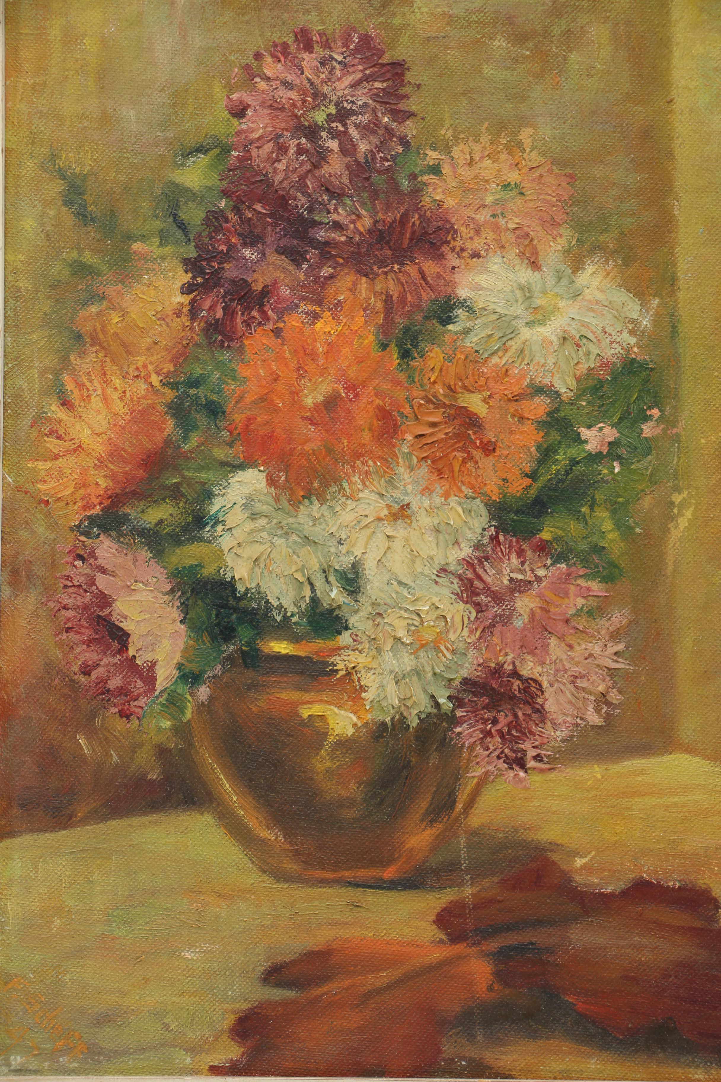 1947 Friedrich Schiff Oil on Canvas Board "Still Life With Zinnias"
