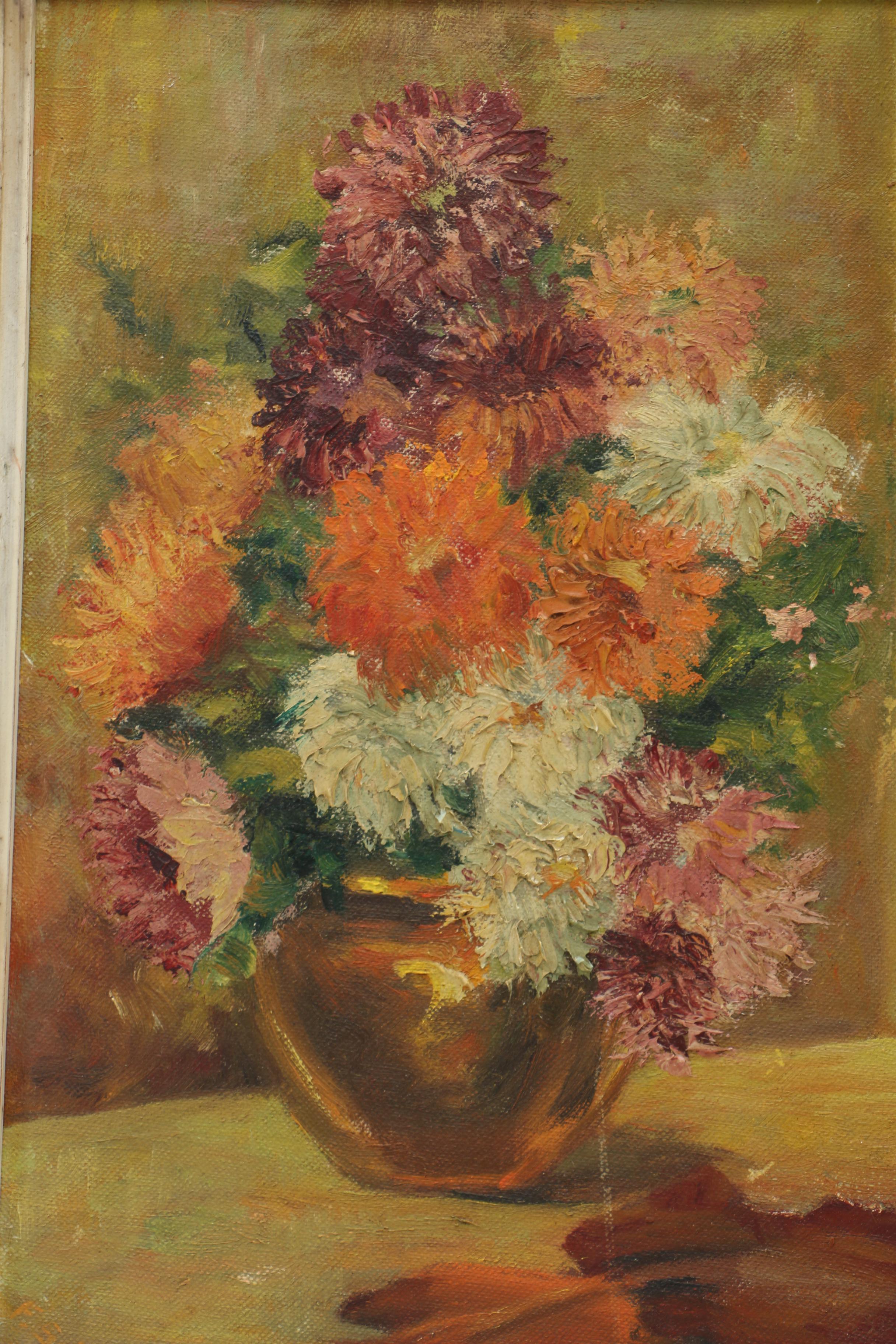 1947 Friedrich Schiff Oil on Canvas Board "Still Life With Zinnias"