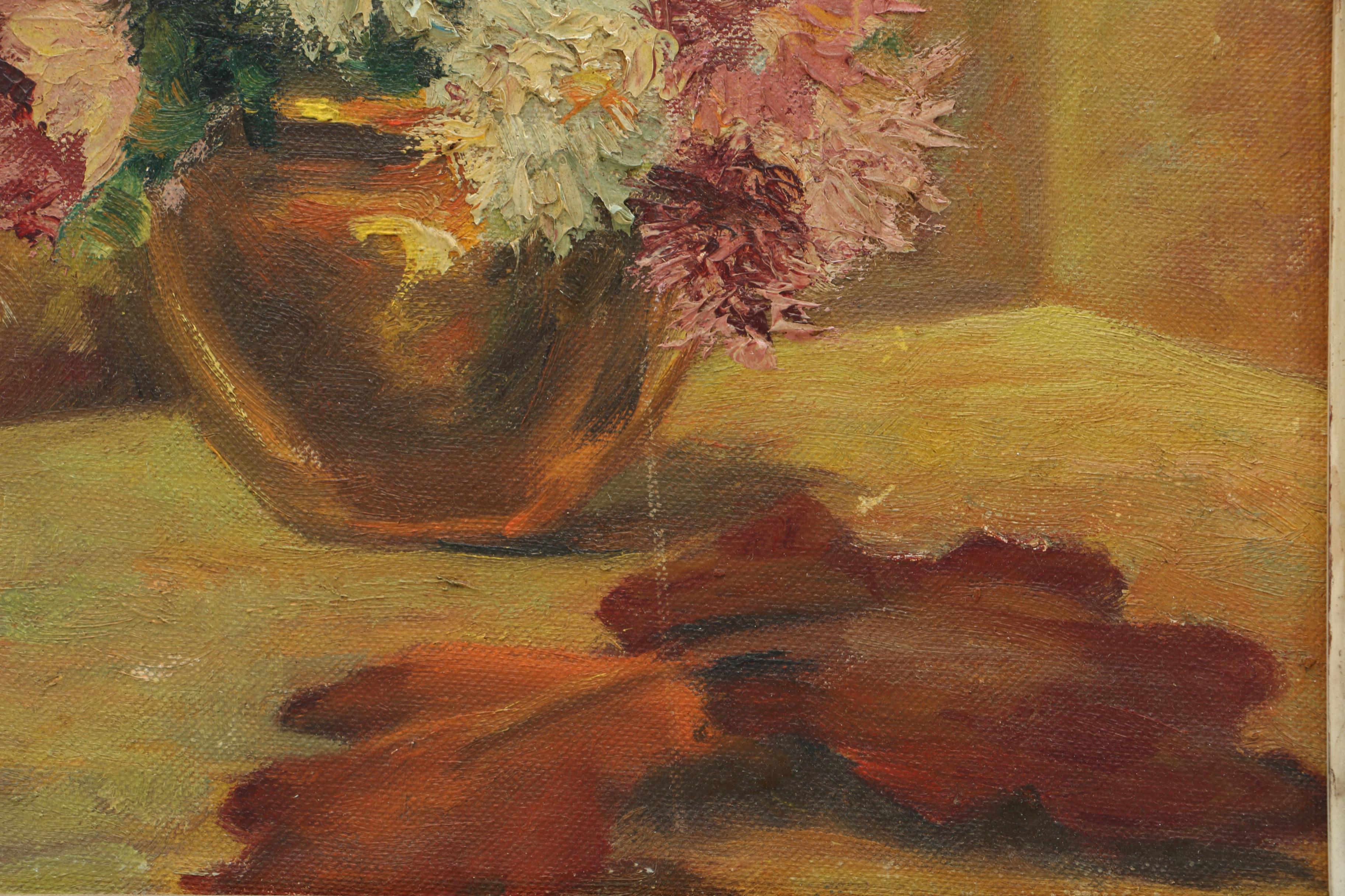 1947 Friedrich Schiff Oil on Canvas Board "Still Life With Zinnias"