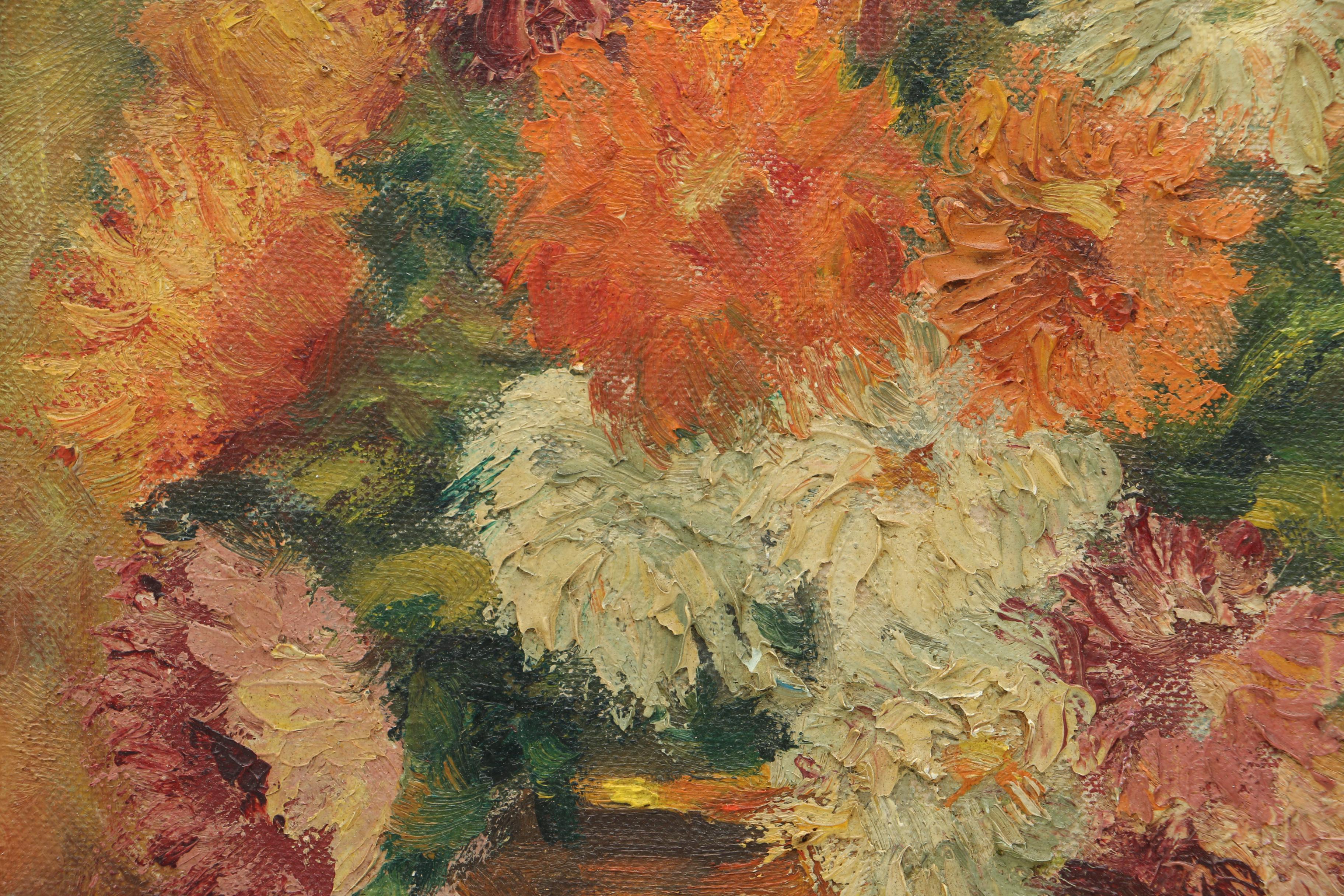 1947 Friedrich Schiff Oil on Canvas Board "Still Life With Zinnias"