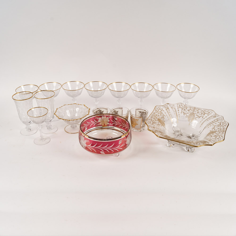 Gilded Tiffin Glassware With Cranberry Cut-to-Clear Bowl