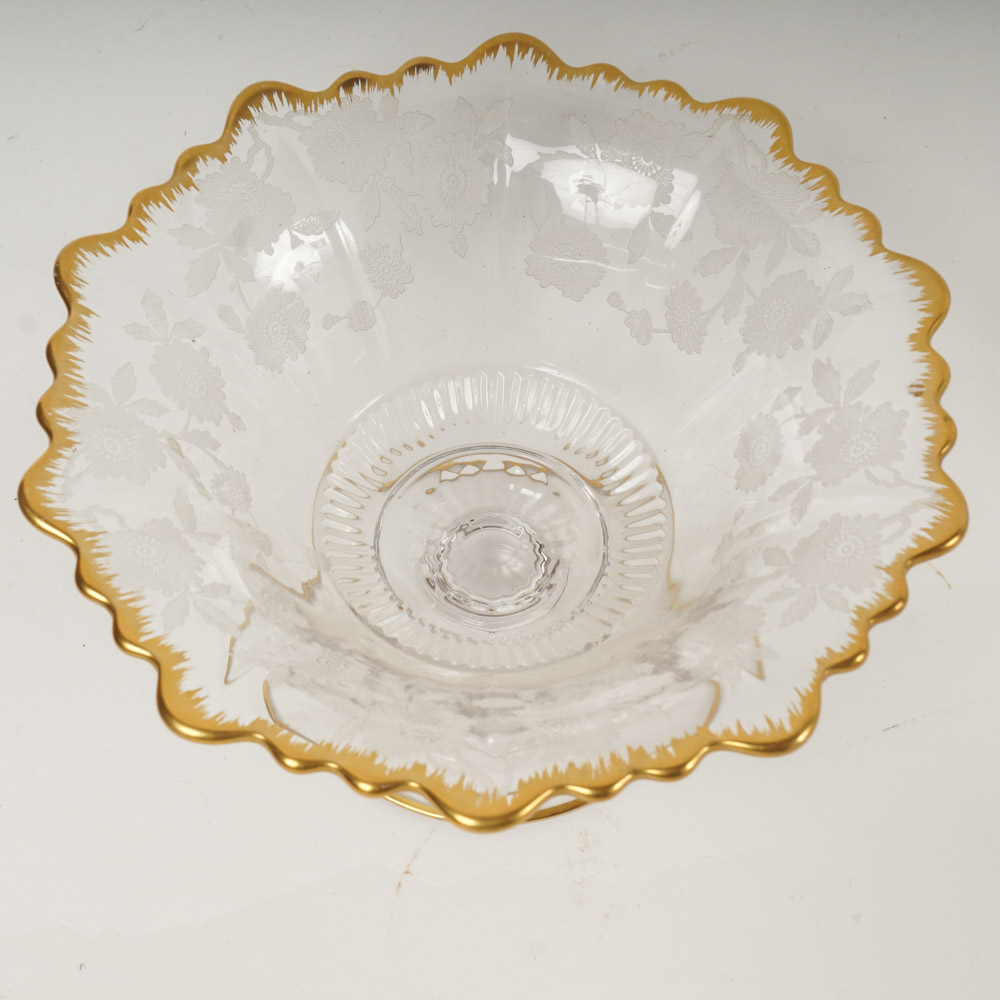 Gilded Tiffin Glassware With Cranberry Cut-to-Clear Bowl