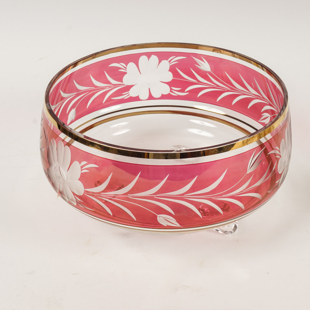 Gilded Tiffin Glassware With Cranberry Cut-to-Clear Bowl