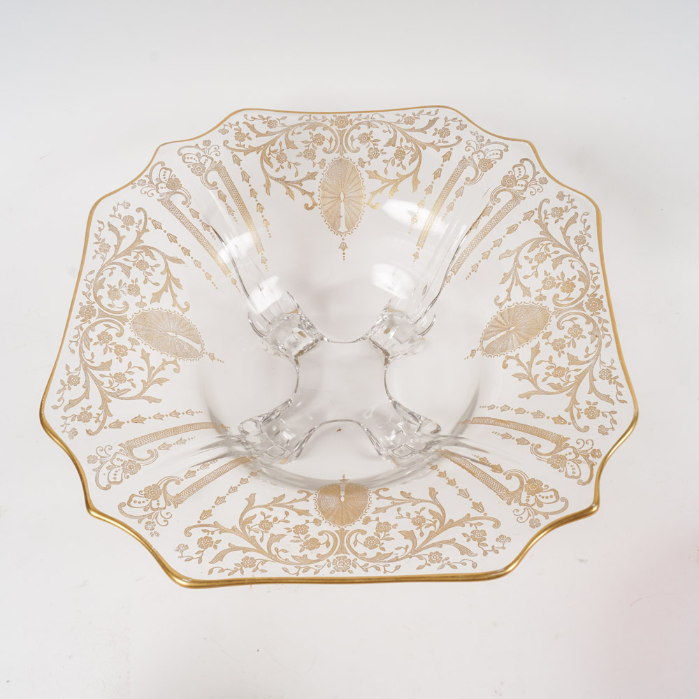 Gilded Tiffin Glassware With Cranberry Cut-to-Clear Bowl