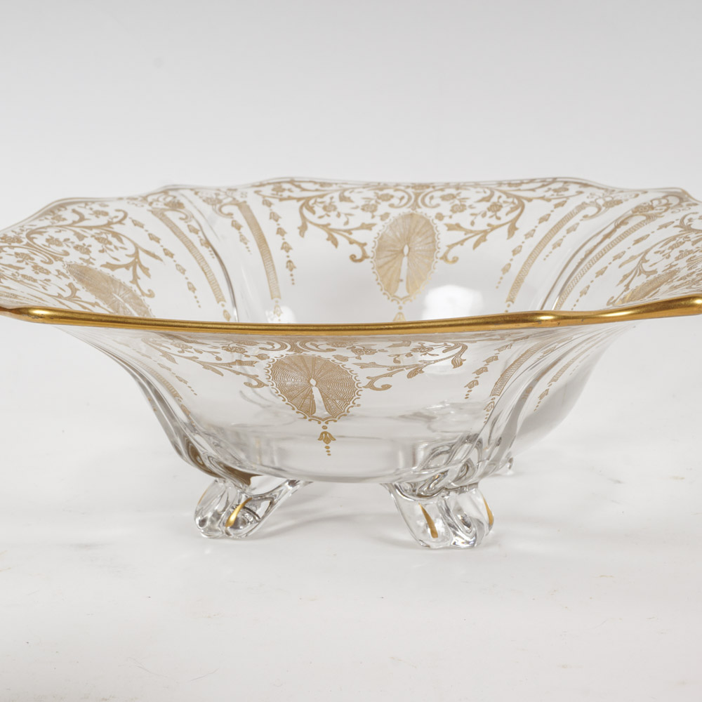 Gilded Tiffin Glassware With Cranberry Cut-to-Clear Bowl