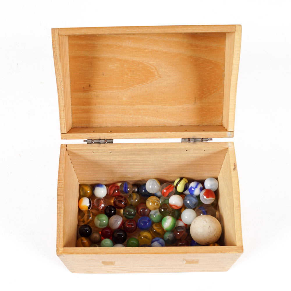Wooden Box of Vintage Marbles