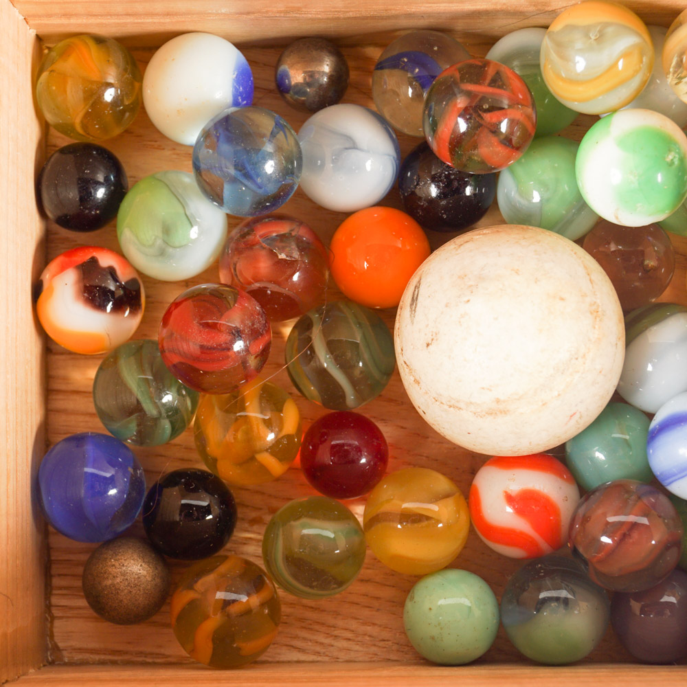 Wooden Box of Vintage Marbles