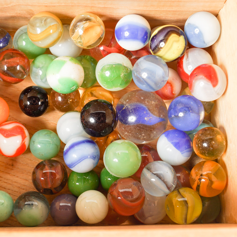 Wooden Box of Vintage Marbles