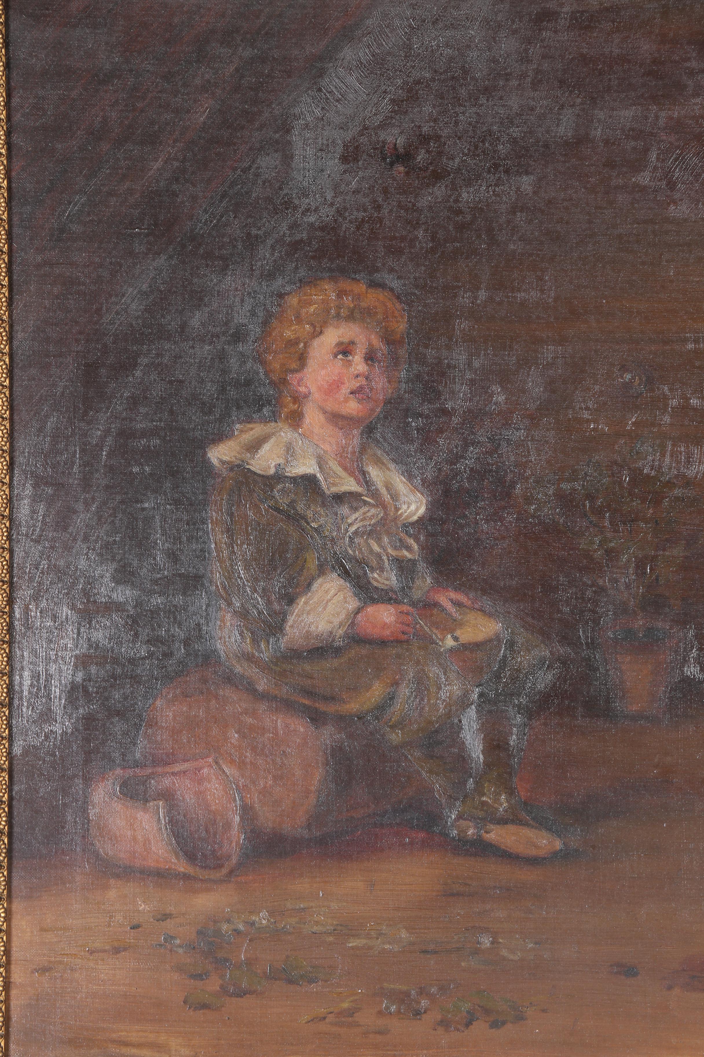 A. M. Pettec 1888 Oil Painting "Boy Blowing Bubbles"