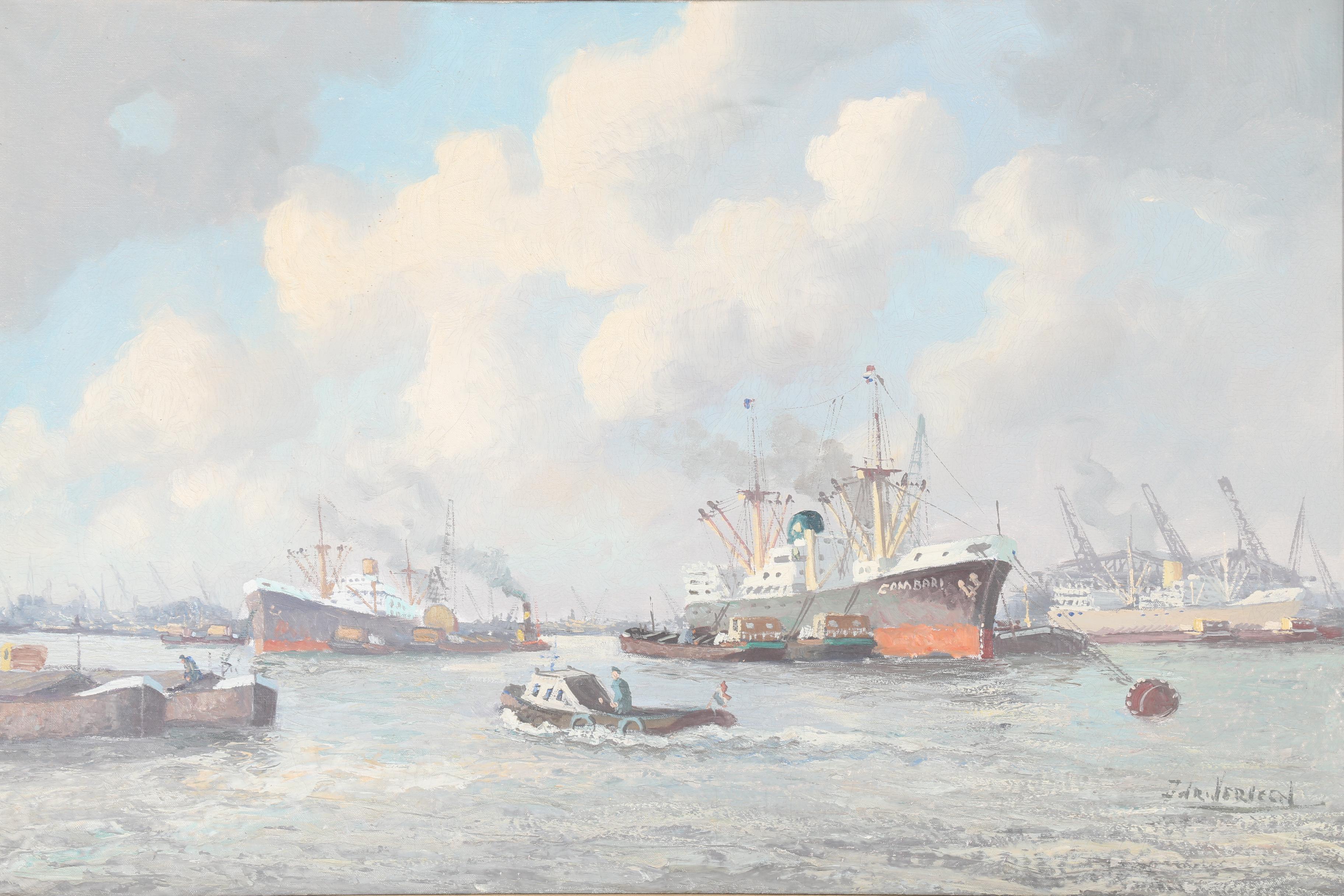 Ardri Verveen Oil Painting "Harbor Scene With Ships"