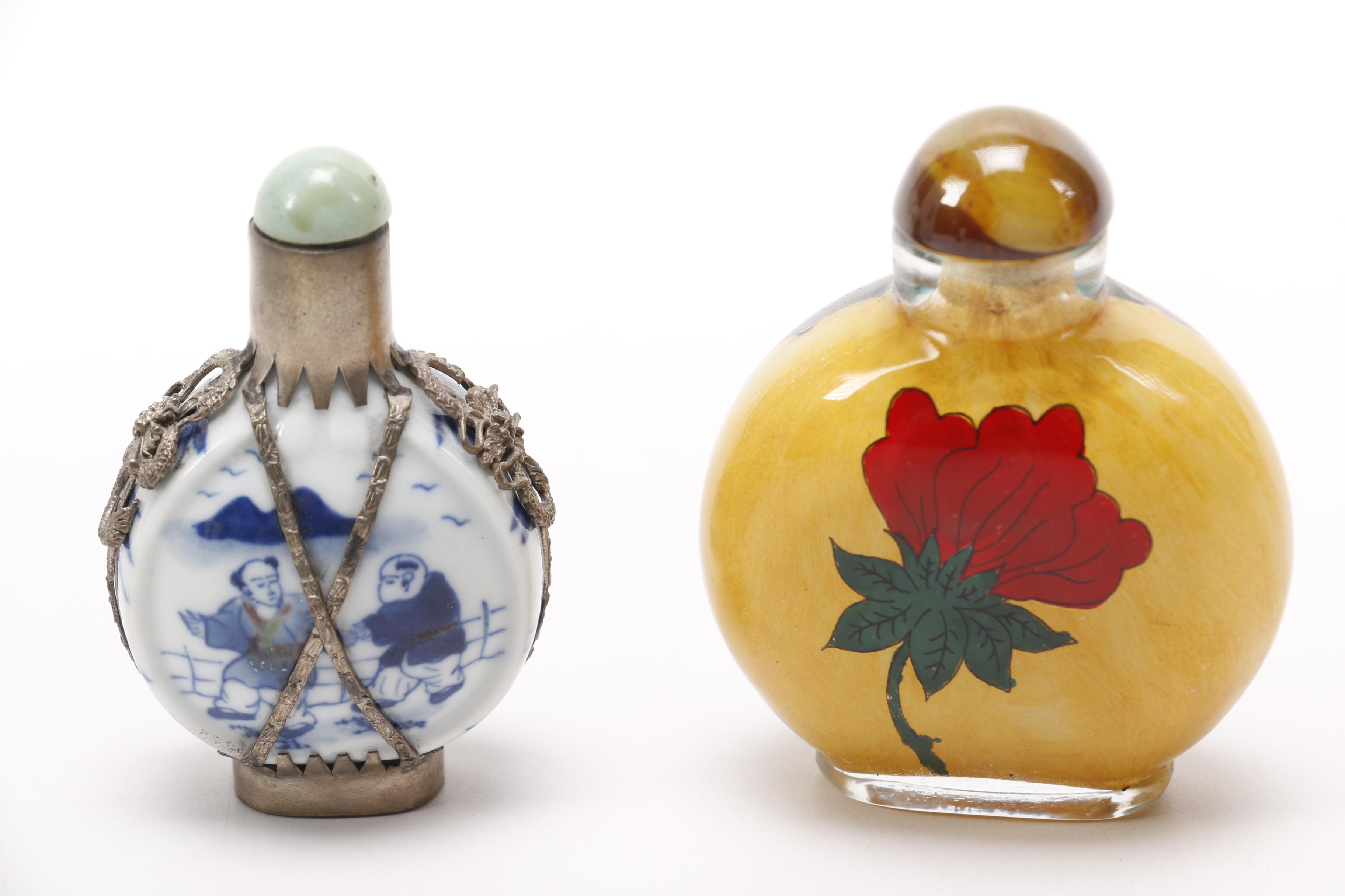 Collection of Chinese Snuff Bottles Including Soapstone and Coral