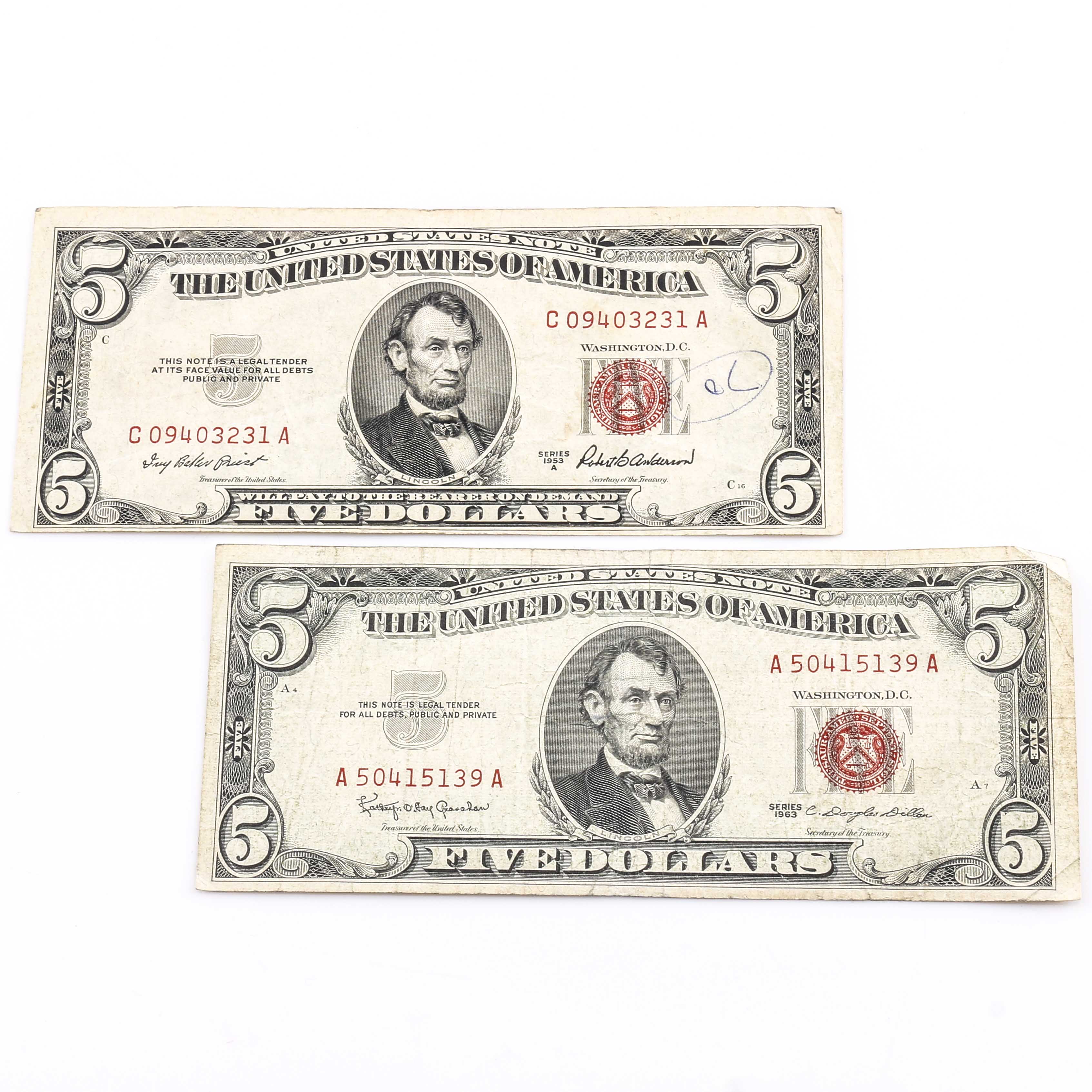 Two Vintage U.S. Five Dollar Bills