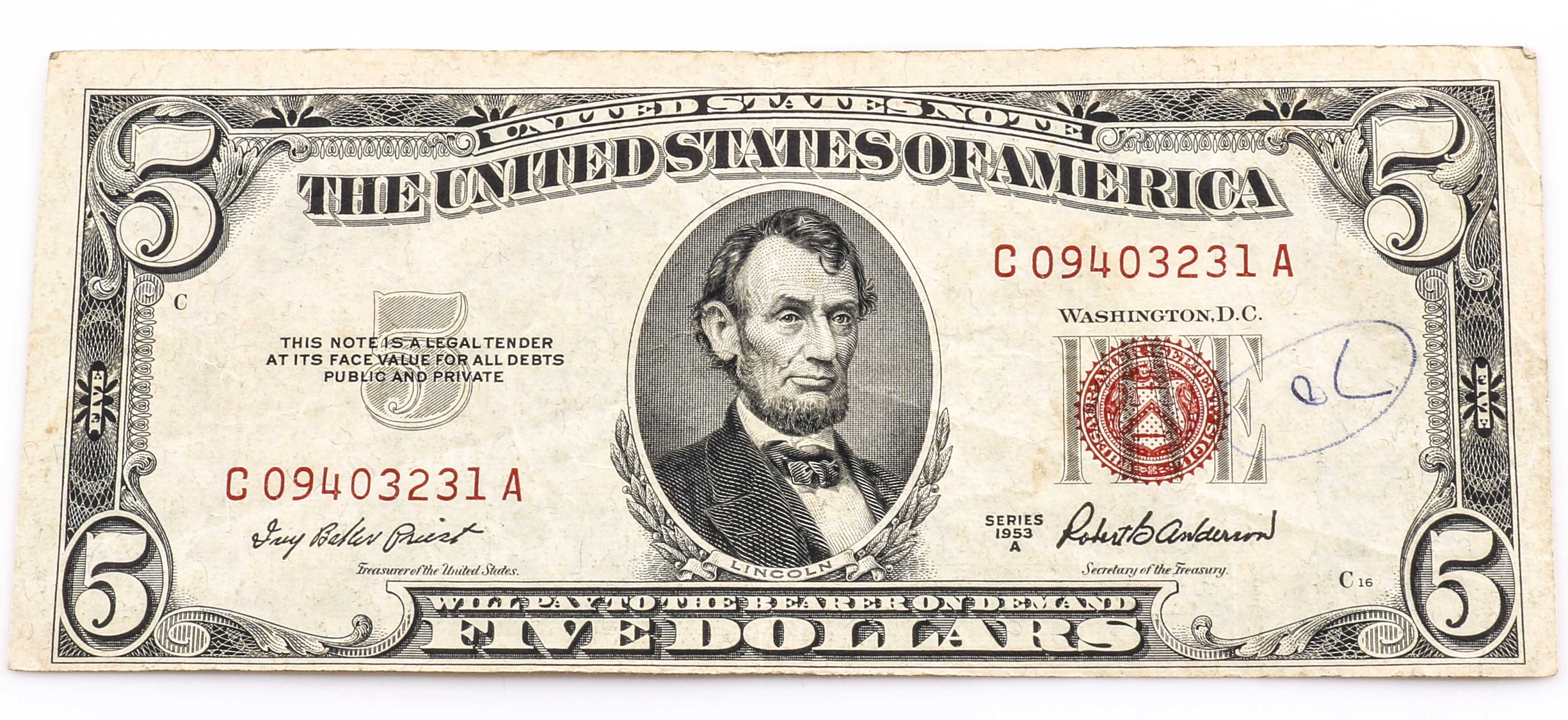 Two Vintage U.S. Five Dollar Bills