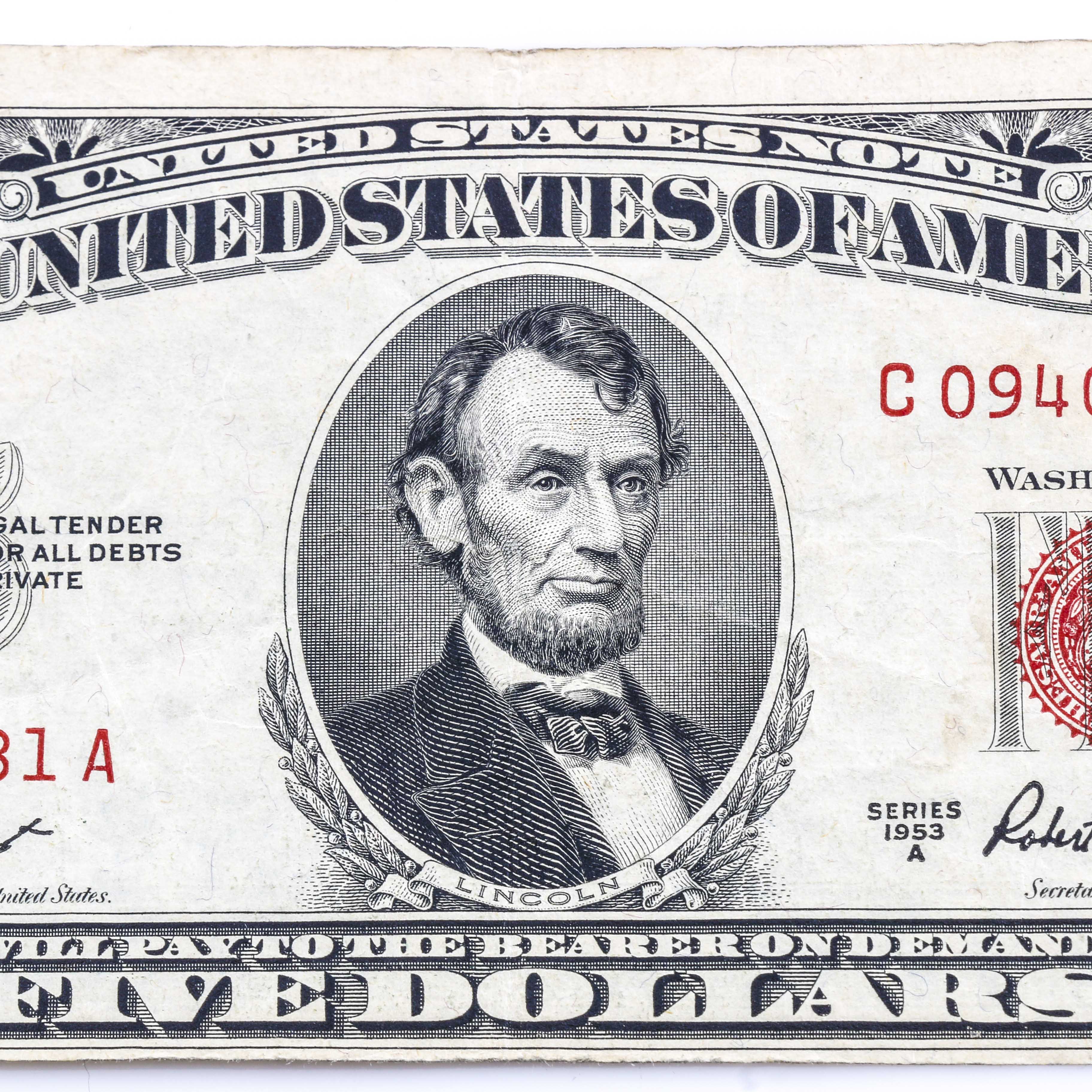 Two Vintage U.S. Five Dollar Bills