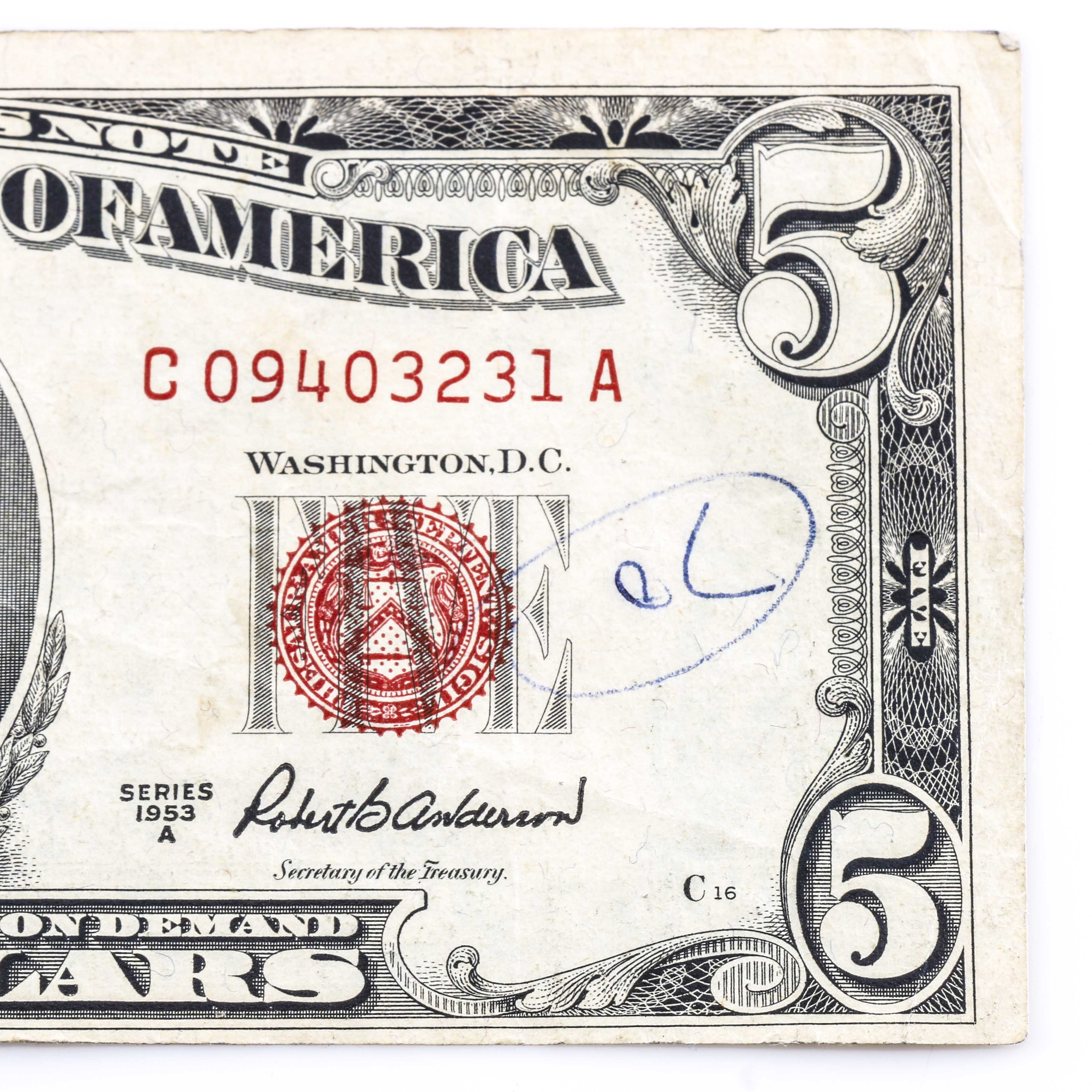 Two Vintage U.S. Five Dollar Bills