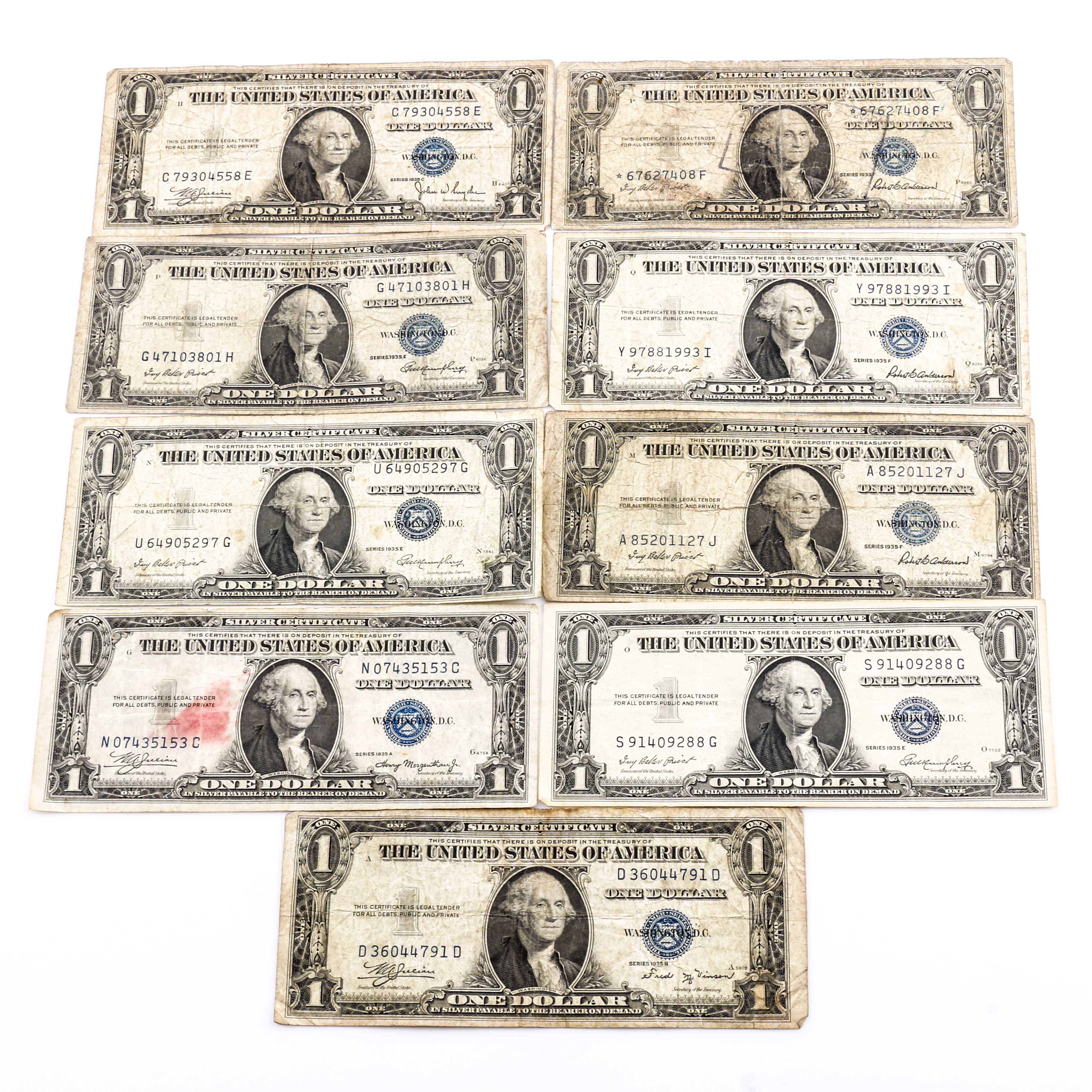 Nine Blue Seal One-Dollar Silver Certificates