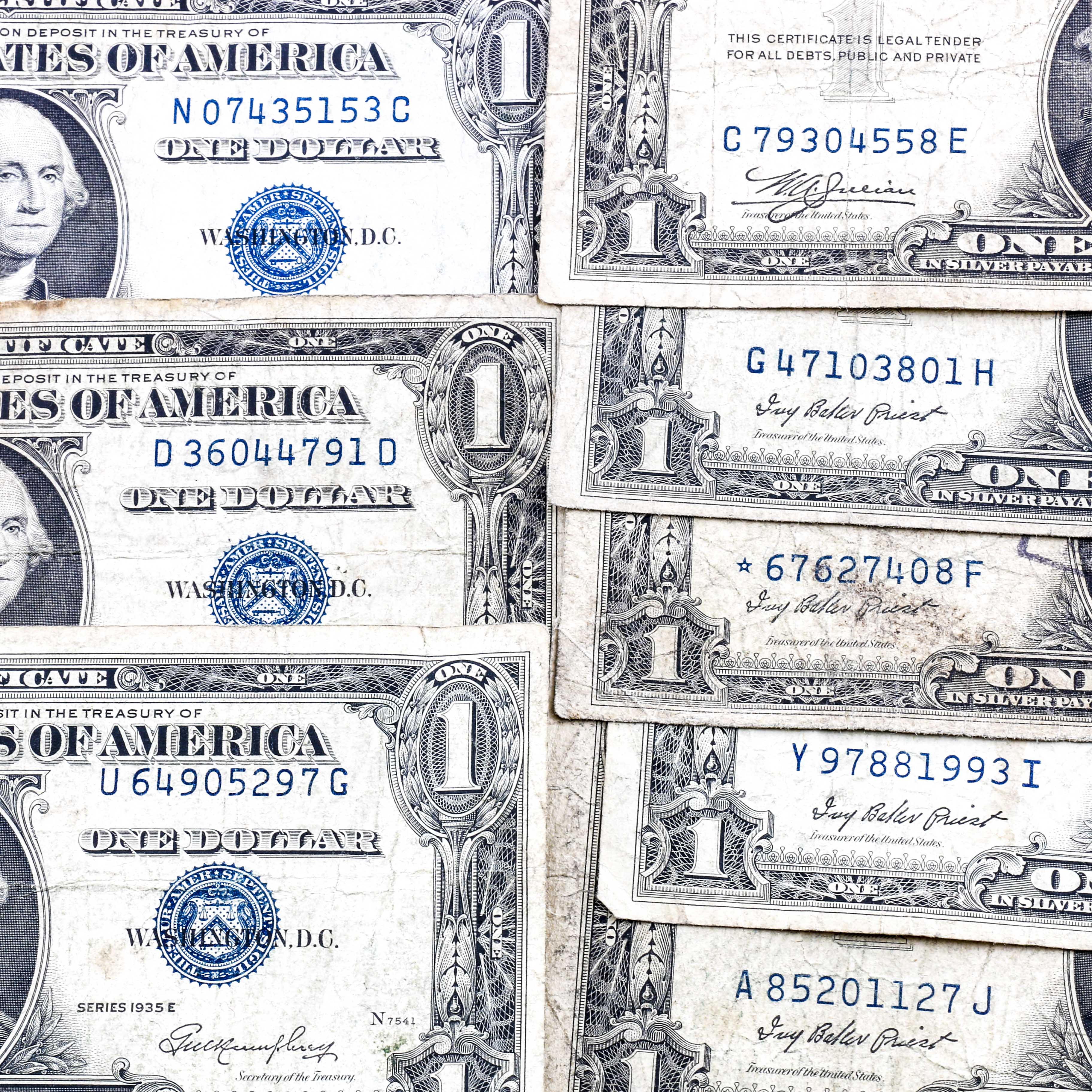 Nine Blue Seal One-Dollar Silver Certificates