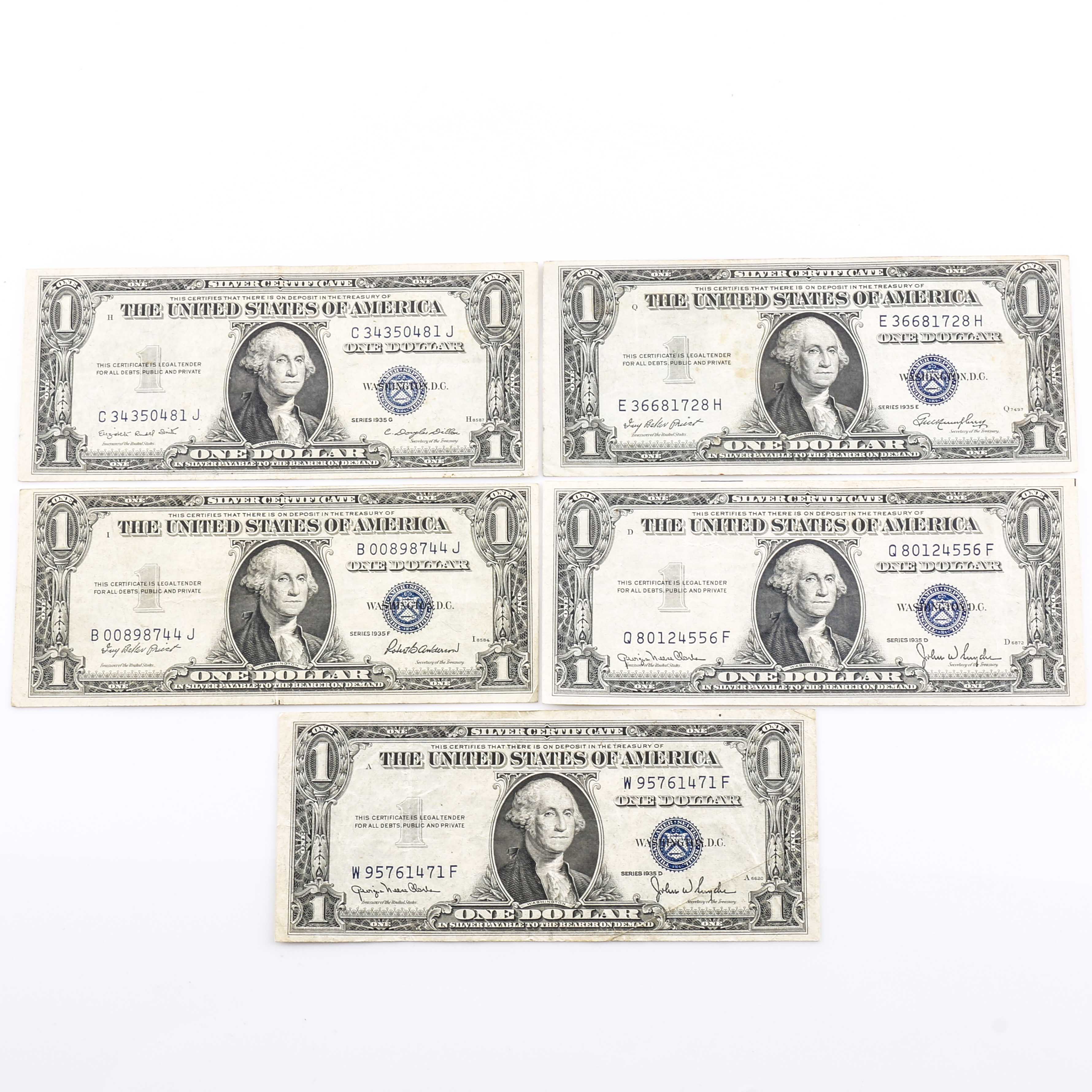 Five U.S. One-Dollar Silver Certificates