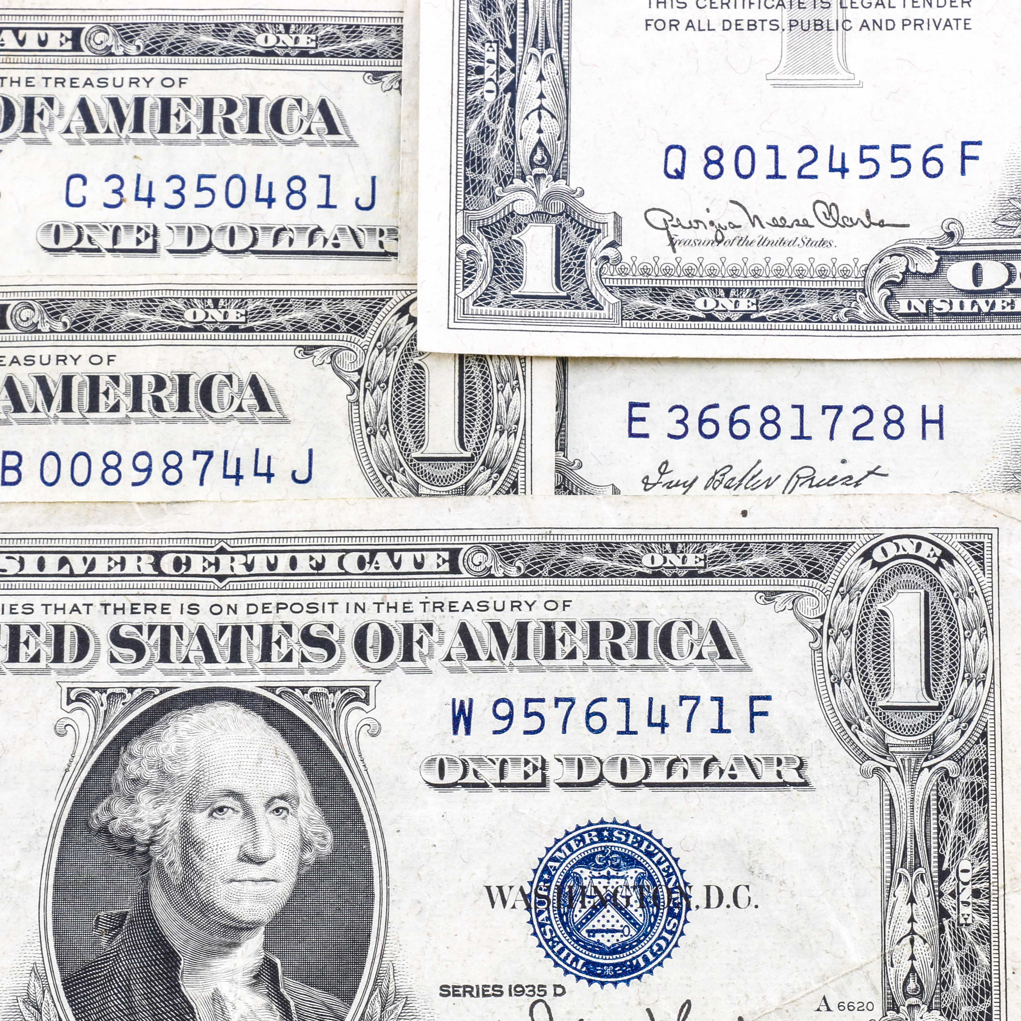 Five U.S. One-Dollar Silver Certificates