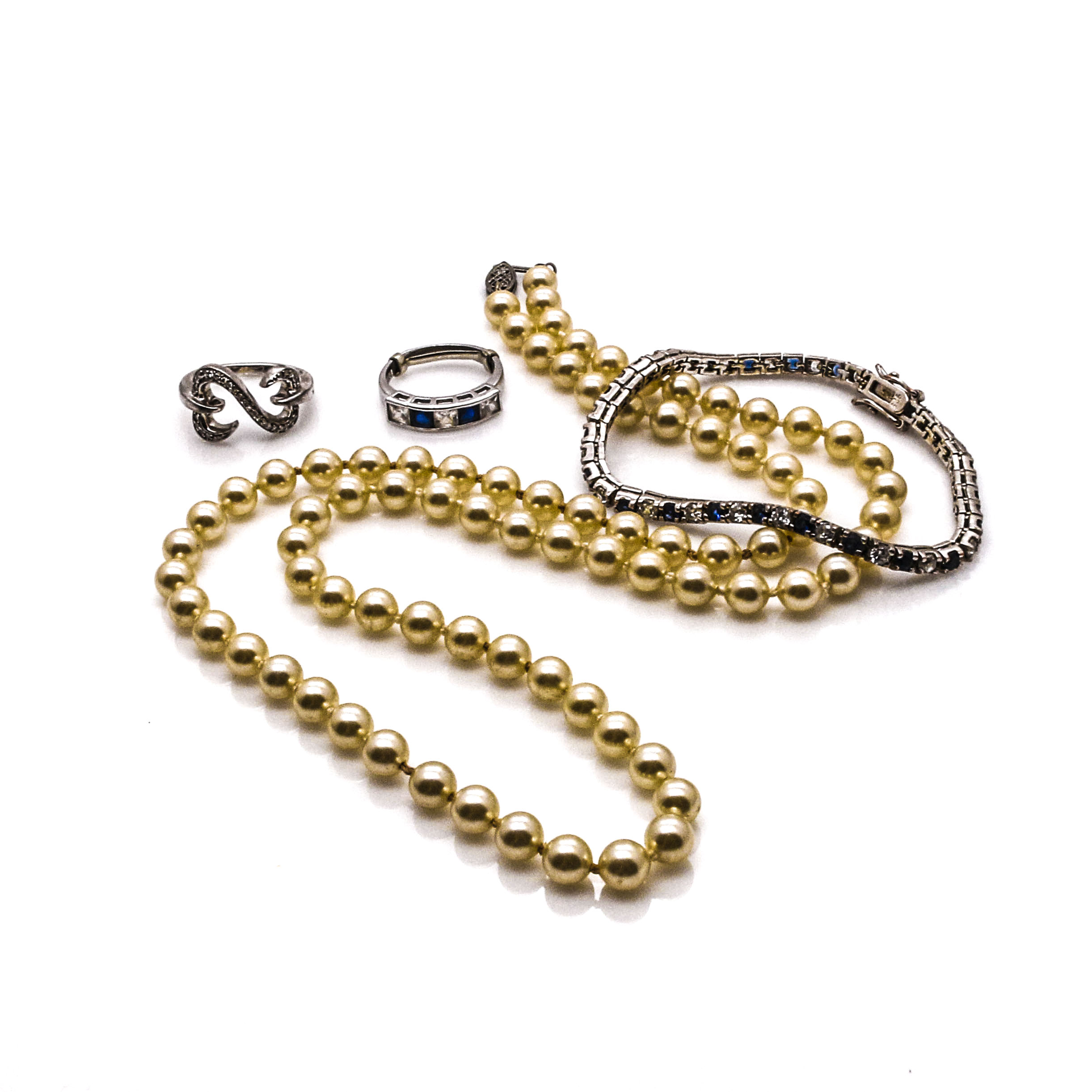 Sterling Silver Jewelry With Diamonds and Faux Pearls