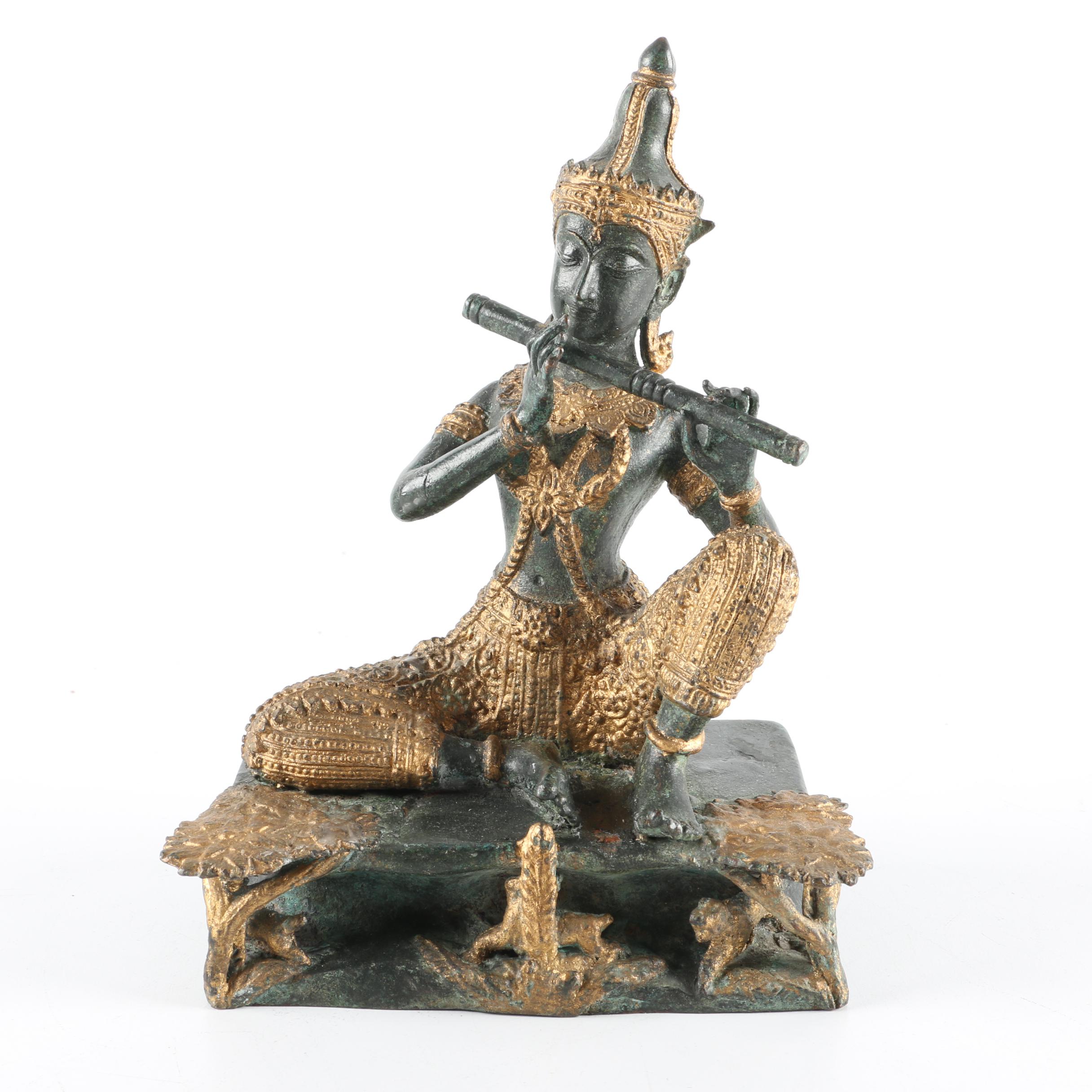 Thai Style Bronze Figure Playing Flute
