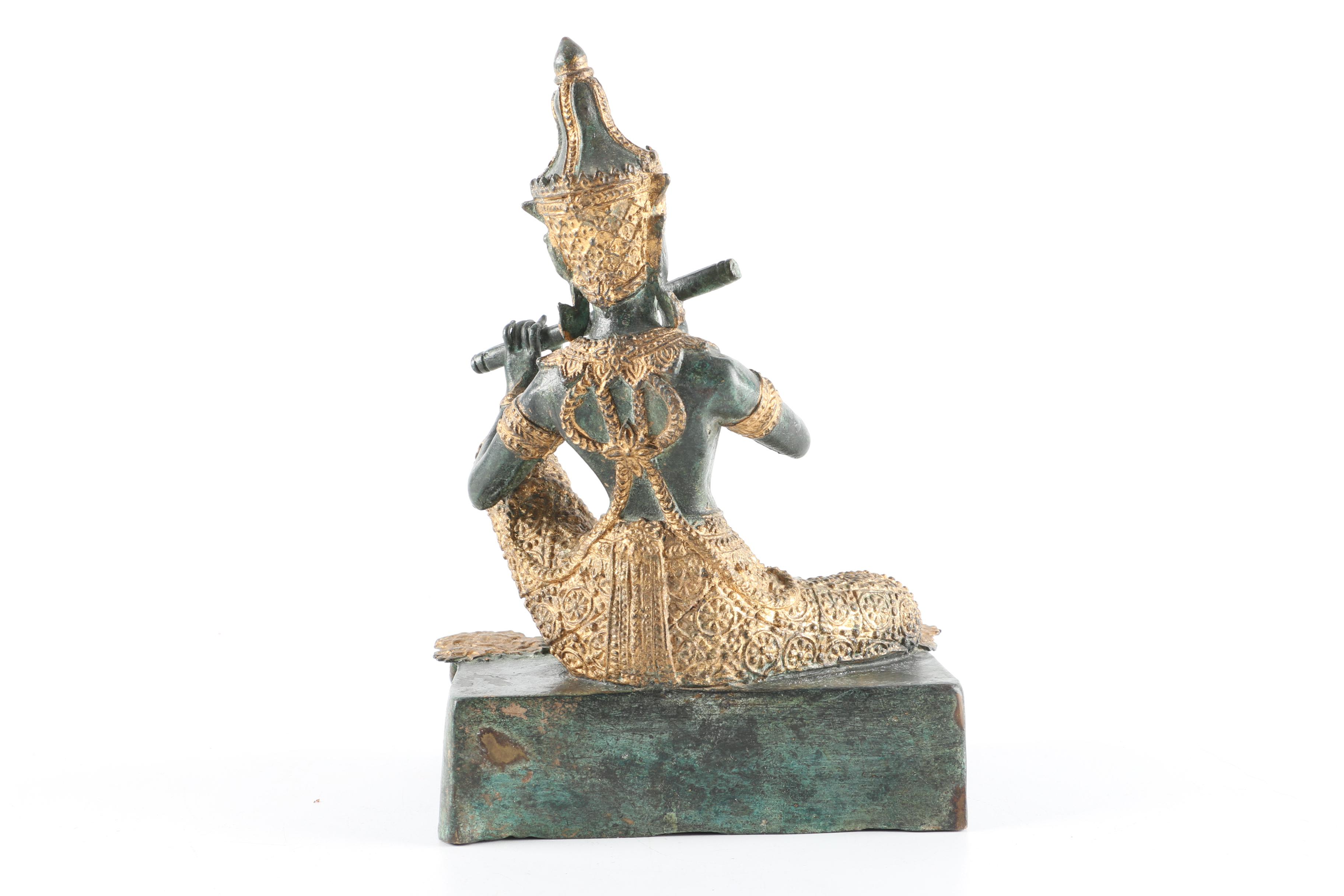 Thai Style Bronze Figure Playing Flute