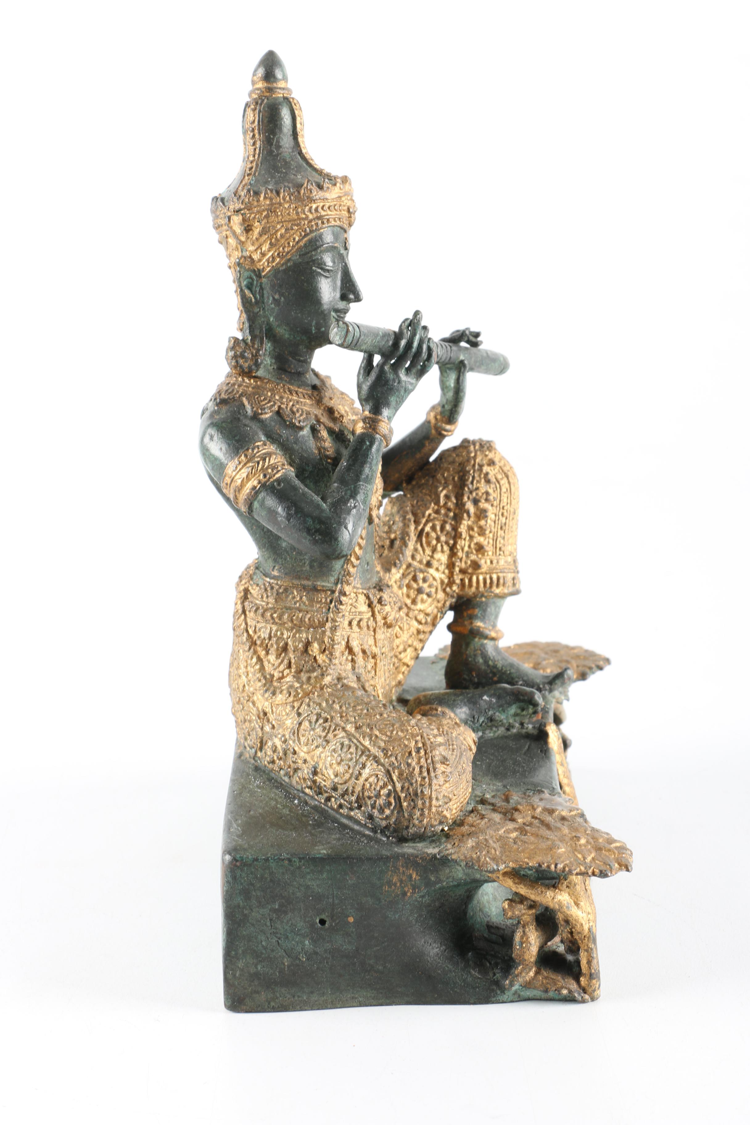 Thai Style Bronze Figure Playing Flute