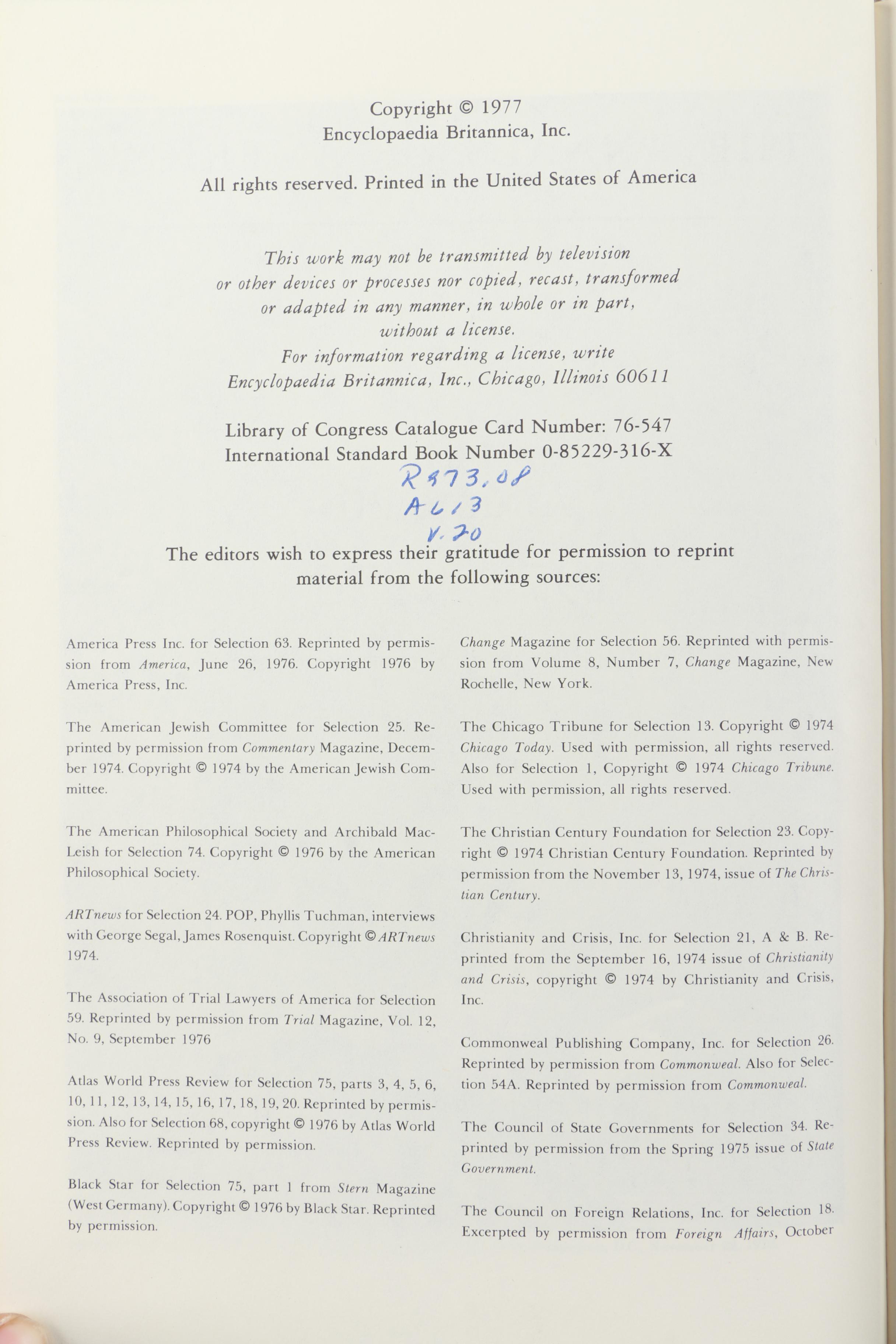 "The Annals of America The Bicentennial Edition 1776-1976"