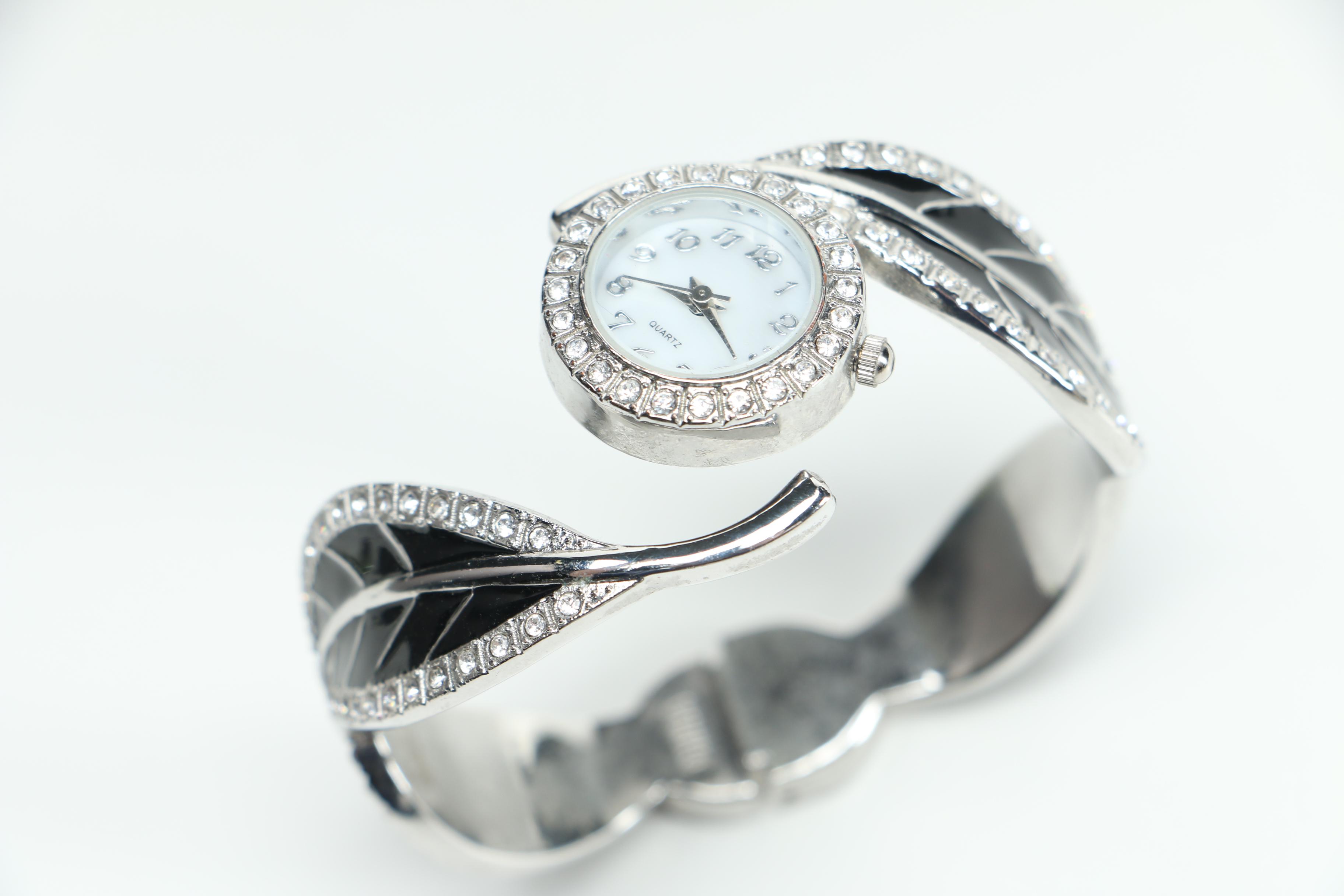 Enamel and Rhinestone Watch With Earrings