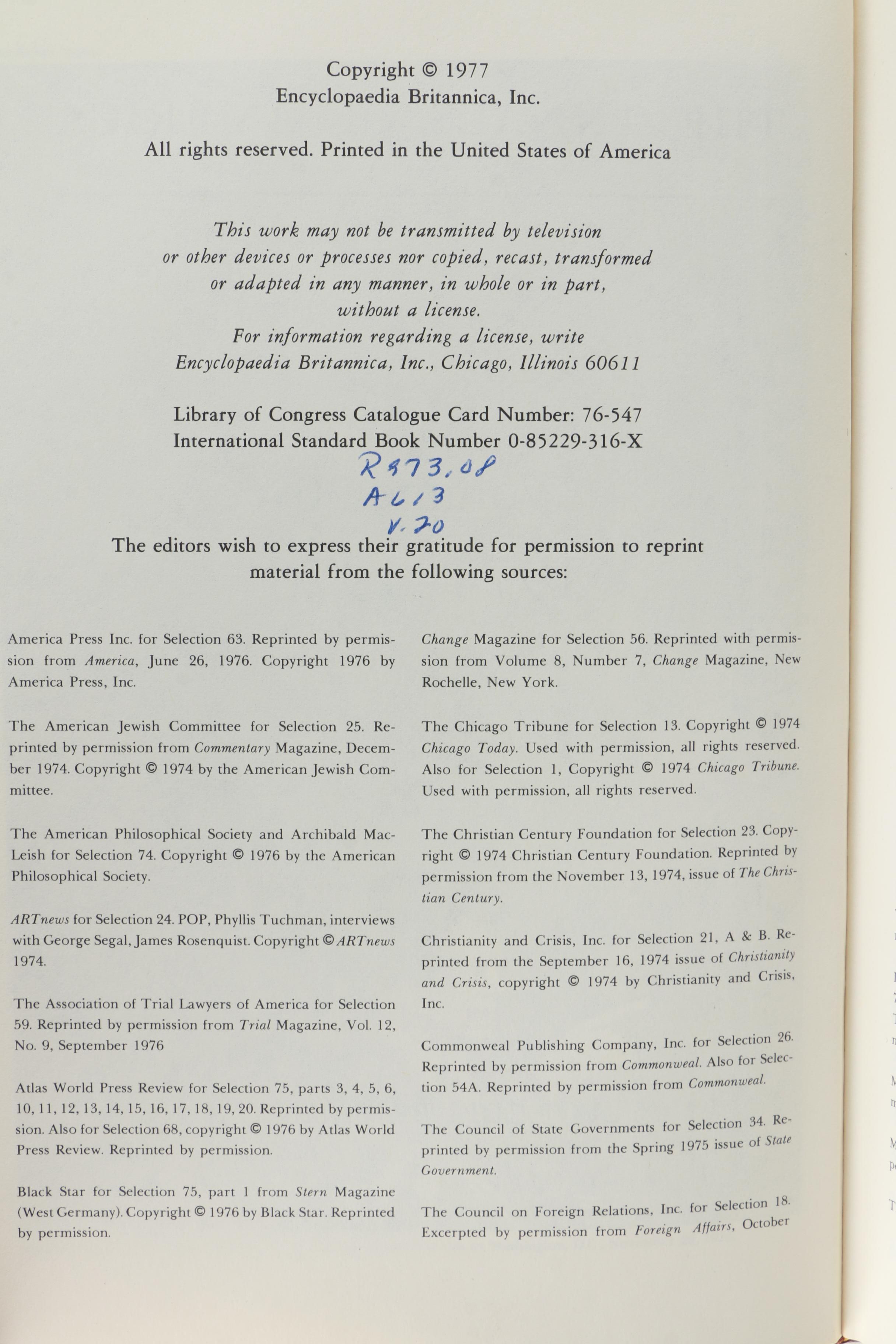 "The Annals of America The Bicentennial Edition 1776-1976"