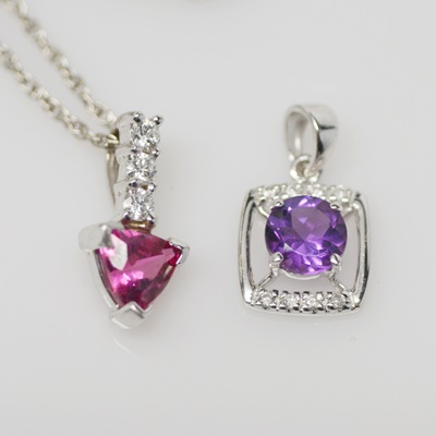 14K White Gold Amethyst and Diamond Pendant and 14K White Gold Pink Tourmaline and Diamond Pendant Necklace