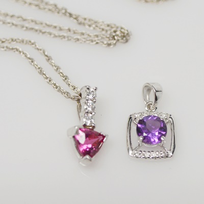 14K White Gold Amethyst and Diamond Pendant and 14K White Gold Pink Tourmaline and Diamond Pendant Necklace