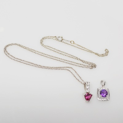 14K White Gold Amethyst and Diamond Pendant and 14K White Gold Pink Tourmaline and Diamond Pendant Necklace