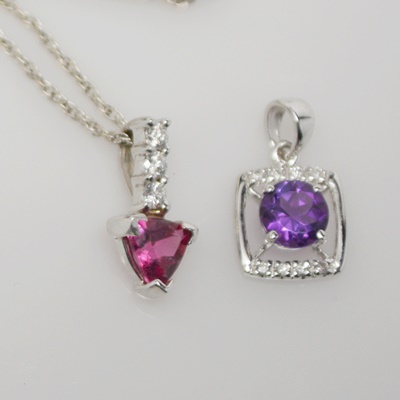 14K White Gold Amethyst and Diamond Pendant and 14K White Gold Pink Tourmaline and Diamond Pendant Necklace